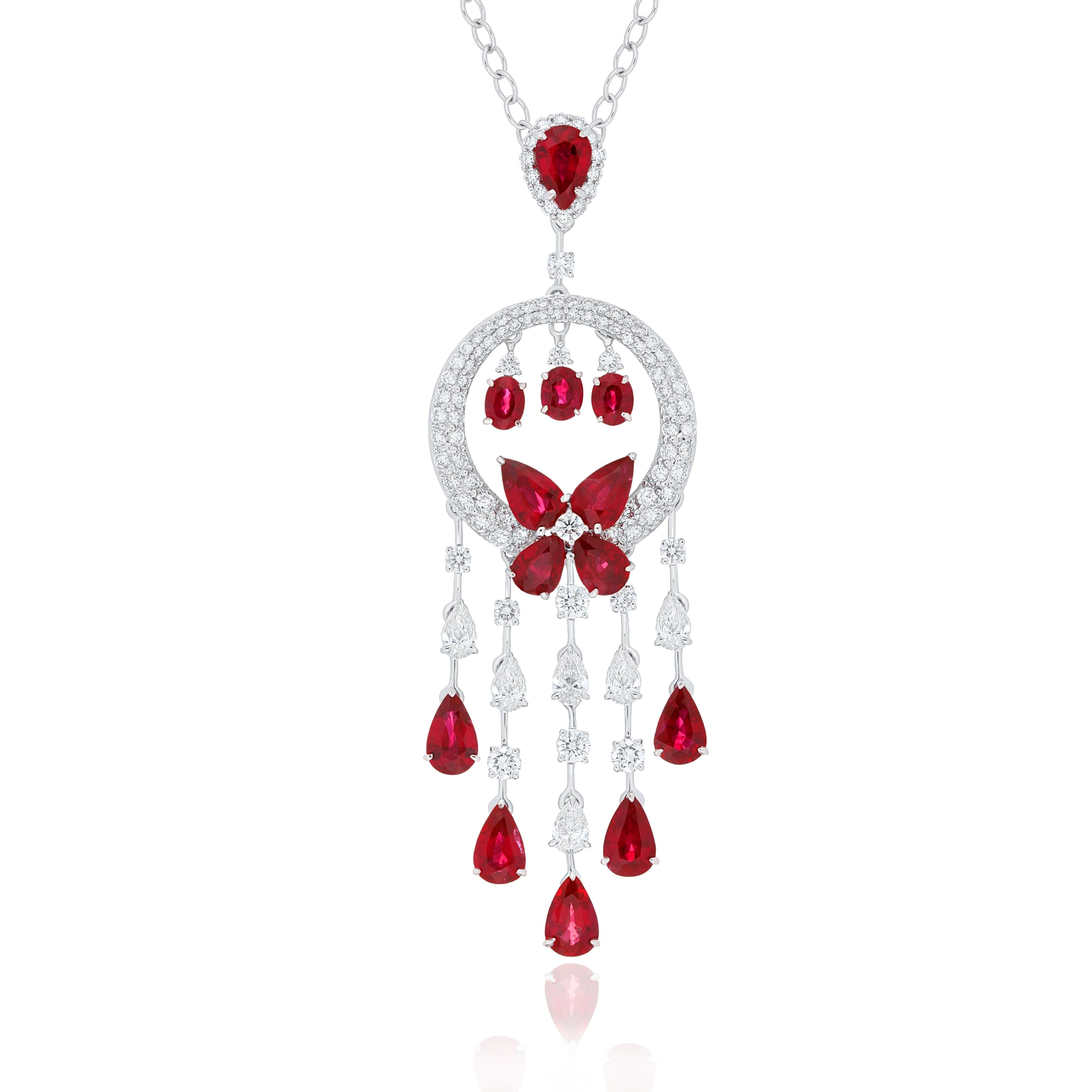 Elegant and exquisitely detailed 18 Karat White Gold Necklace, center set with 3.11Cts .Pear Shape Ruby Mozambique and micro pave set Diamonds, weighing approx. 1.79Cts. Beautifully Hand crafted in 18 Karat White Gold.

Stone Detail:
Ruby