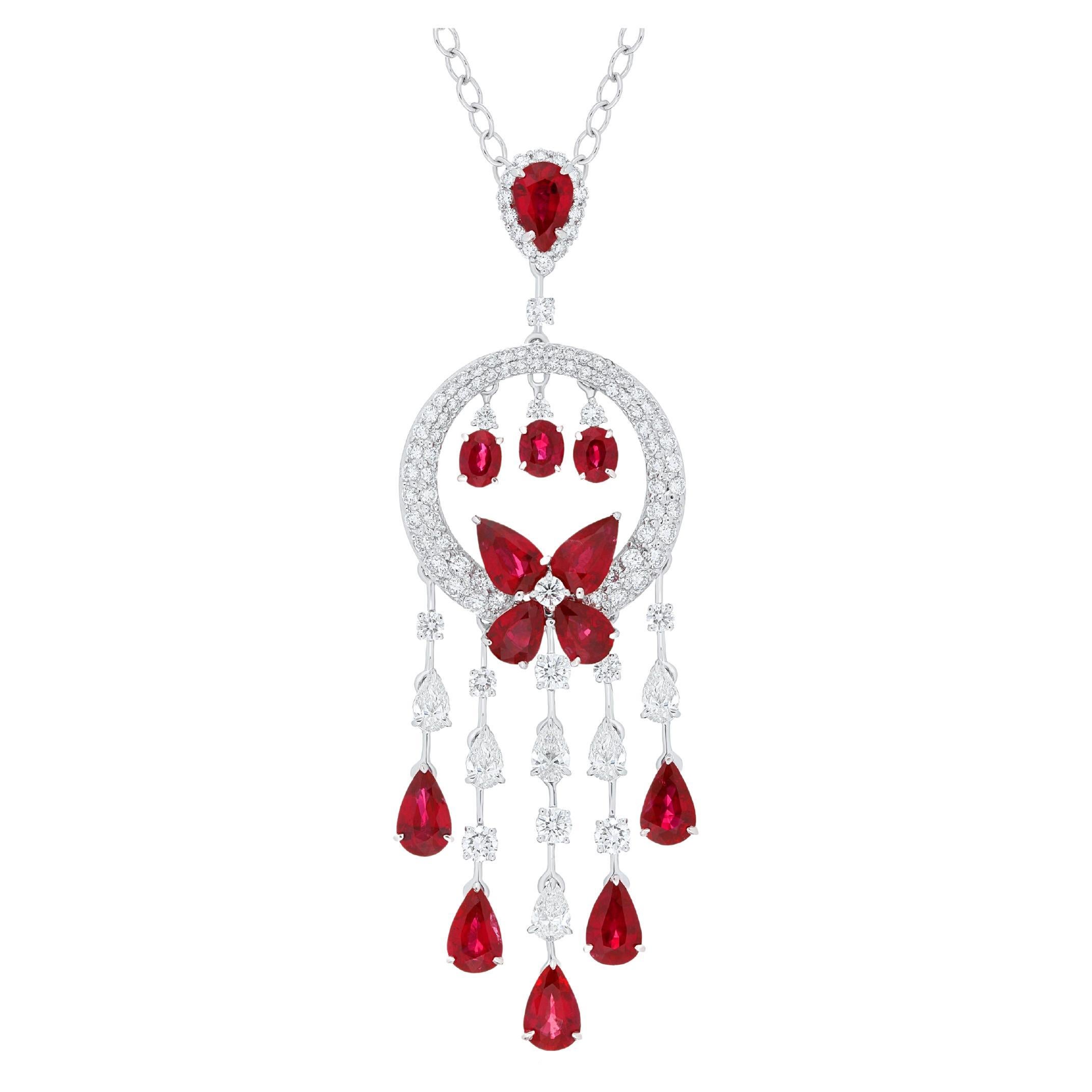 Ruby Mozambique and Diamond Necklace 18 Karat White Gold For Sale