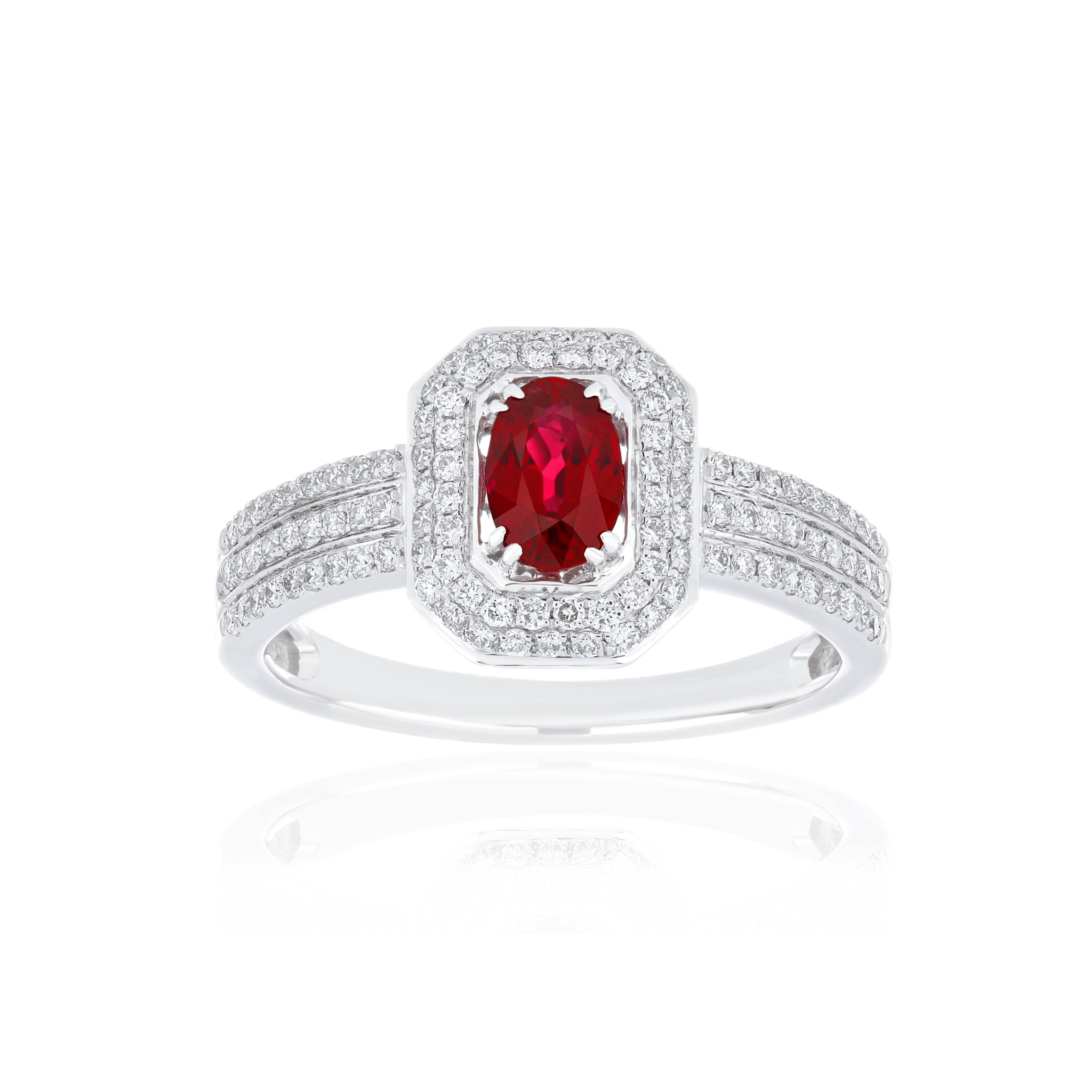 Oval Cut Ruby Mozambique and Diamond and 18 Karat White Gold Daily Wear Jewelry Ring For Sale