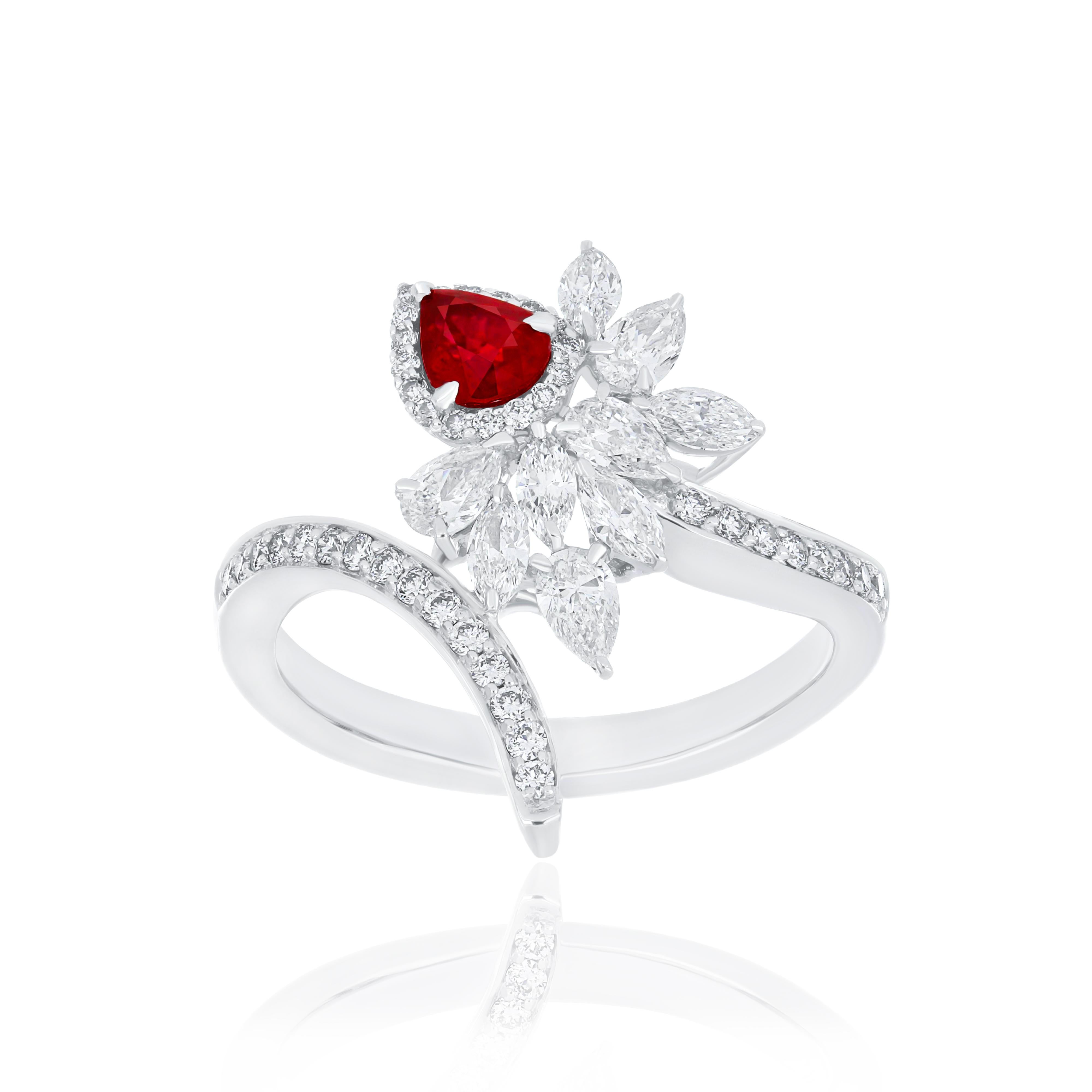Pear Cut Ruby Mozambique and Diamond 18 Karat White Gold Wedding and Engagement Gift Ring For Sale
