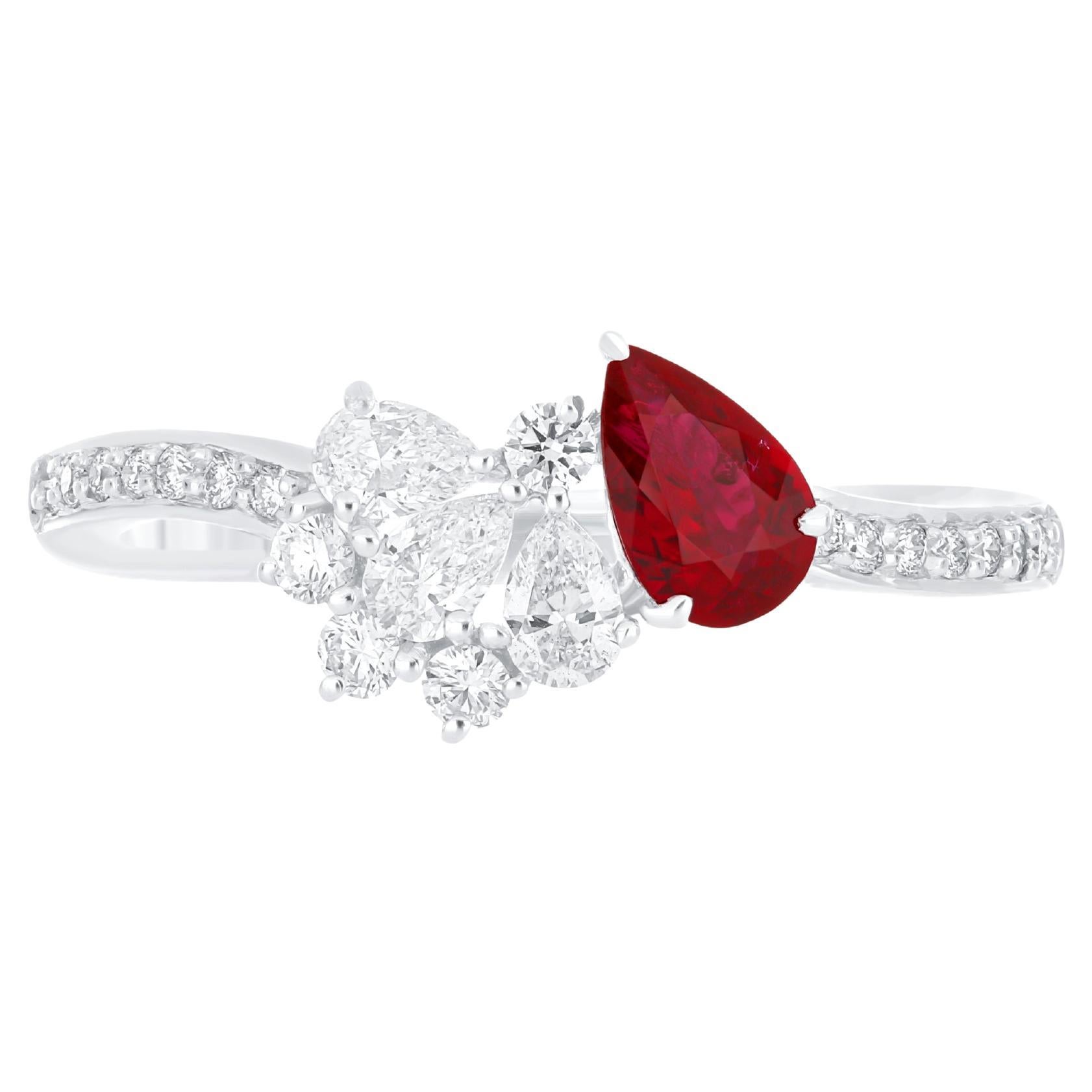 0.36Cts Ruby Mozambique and Diamond and 18 Karat White Gold Engagement Ring For Sale