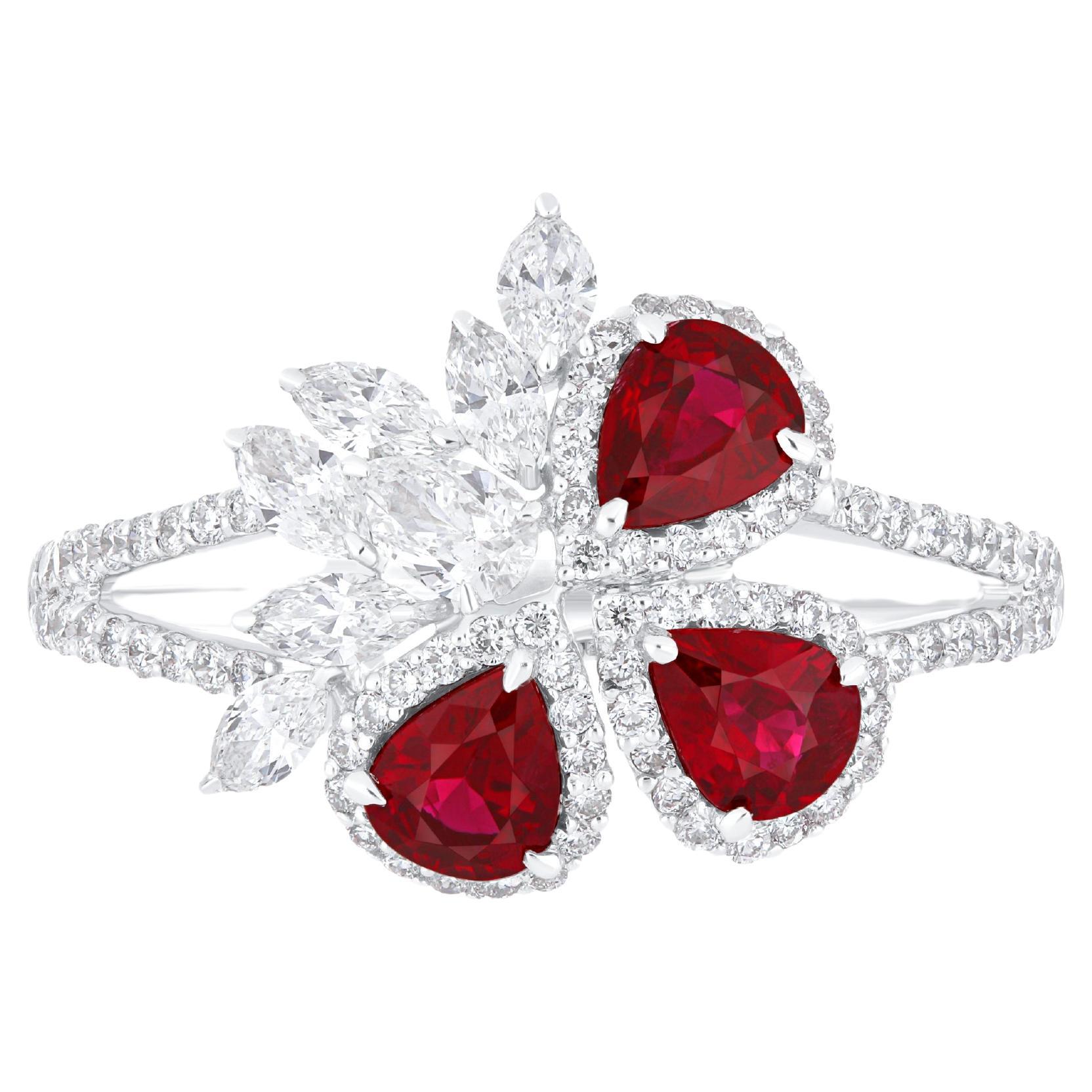 Ruby Mozambique Pear Shape and Diamond in 18 Karat White Gold Wedding Wear Ring