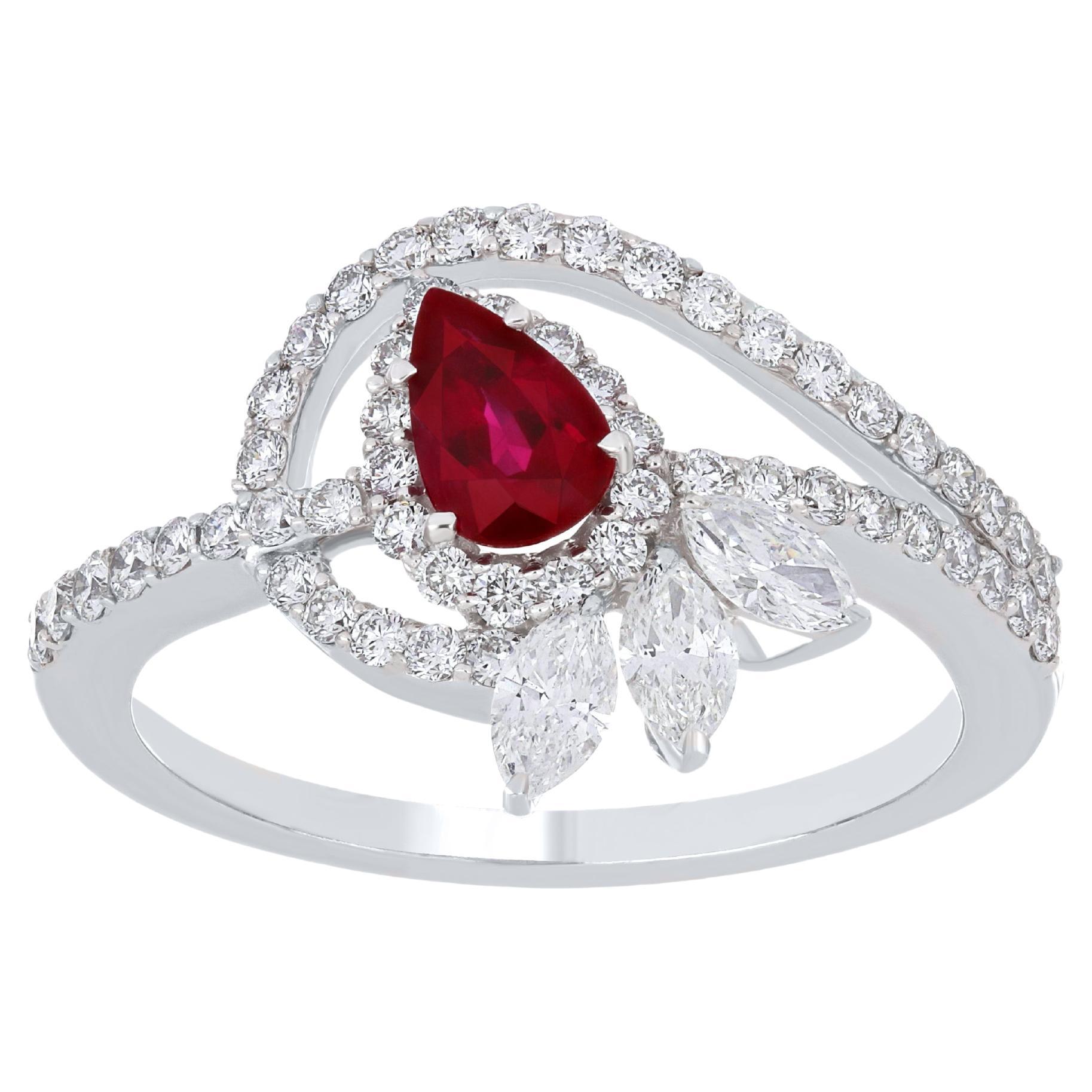 Pear Cut Ruby Mozambique and Diamond Studded Ring in 18 Karat White Gold For Sale