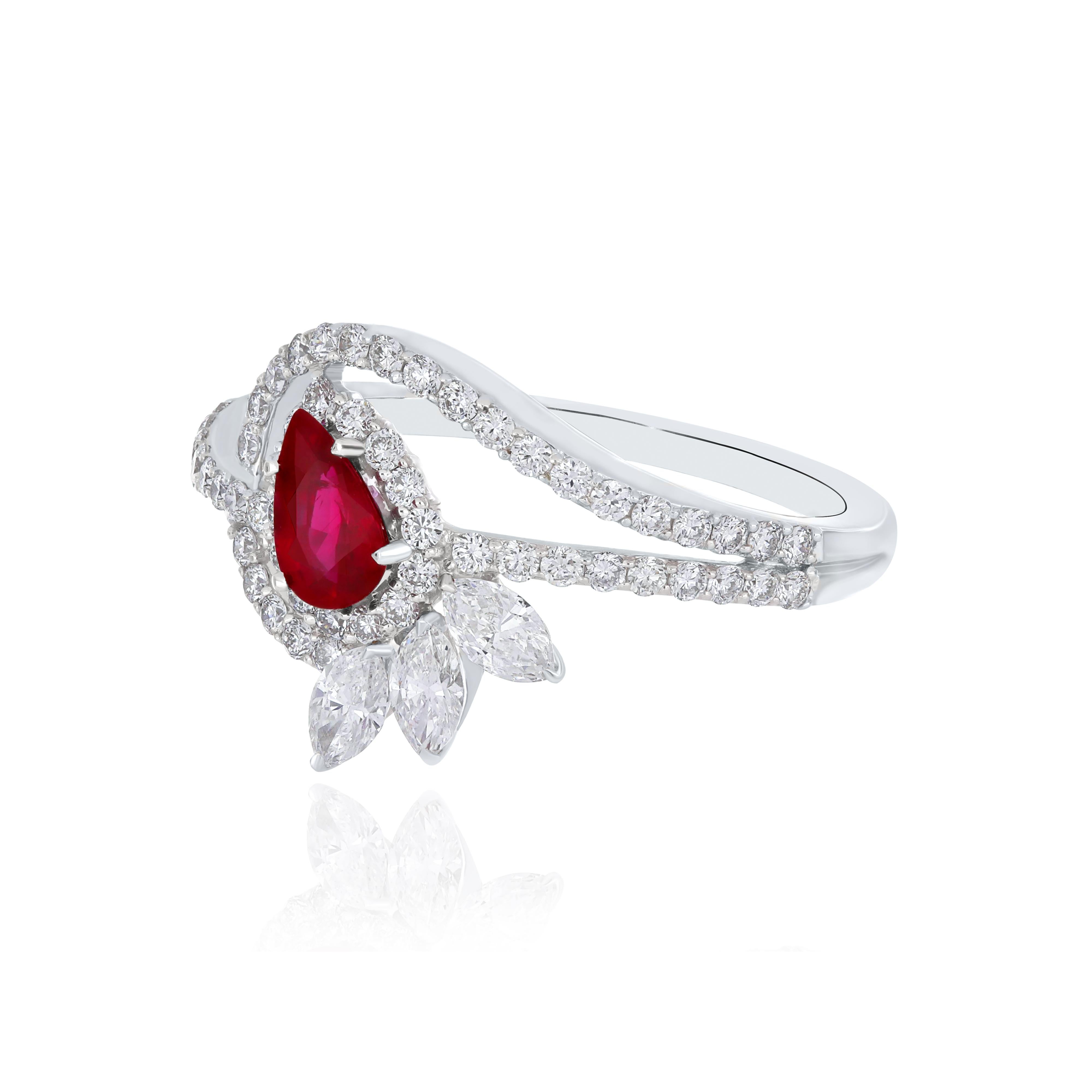 Women's Ruby Mozambique and Diamond Studded Ring in 18 Karat White Gold For Sale