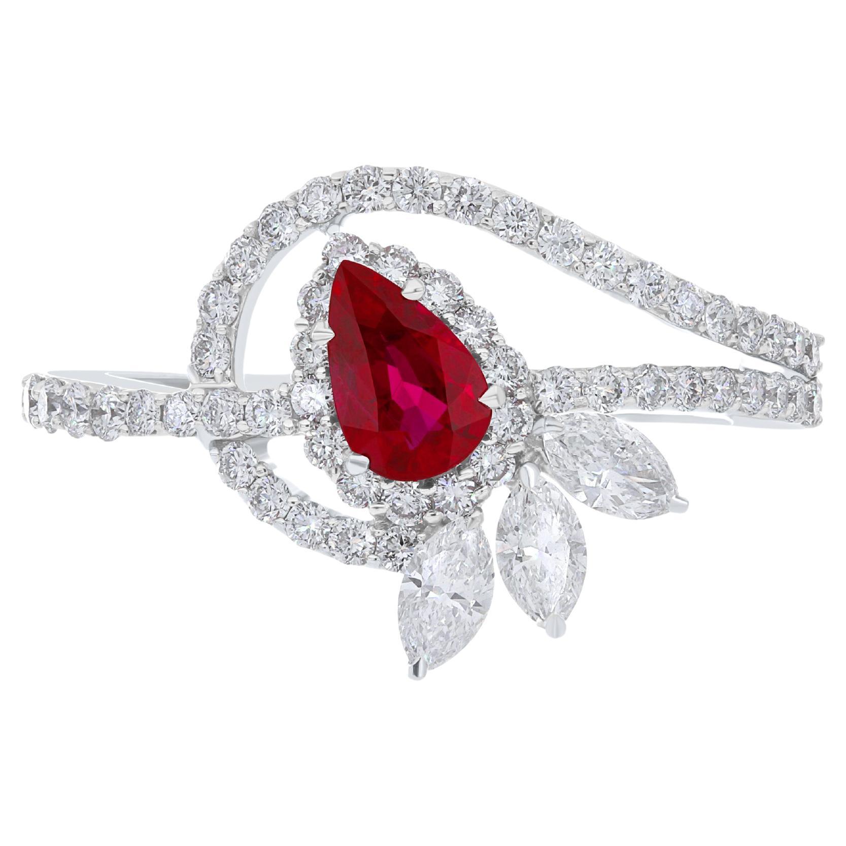 Ruby Mozambique and Diamond Studded Ring in 18 Karat White Gold For Sale