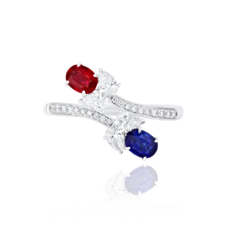Ruby Mozambique, Blue Sapphire and Diamond Ring 18 Karat White Gold For ...