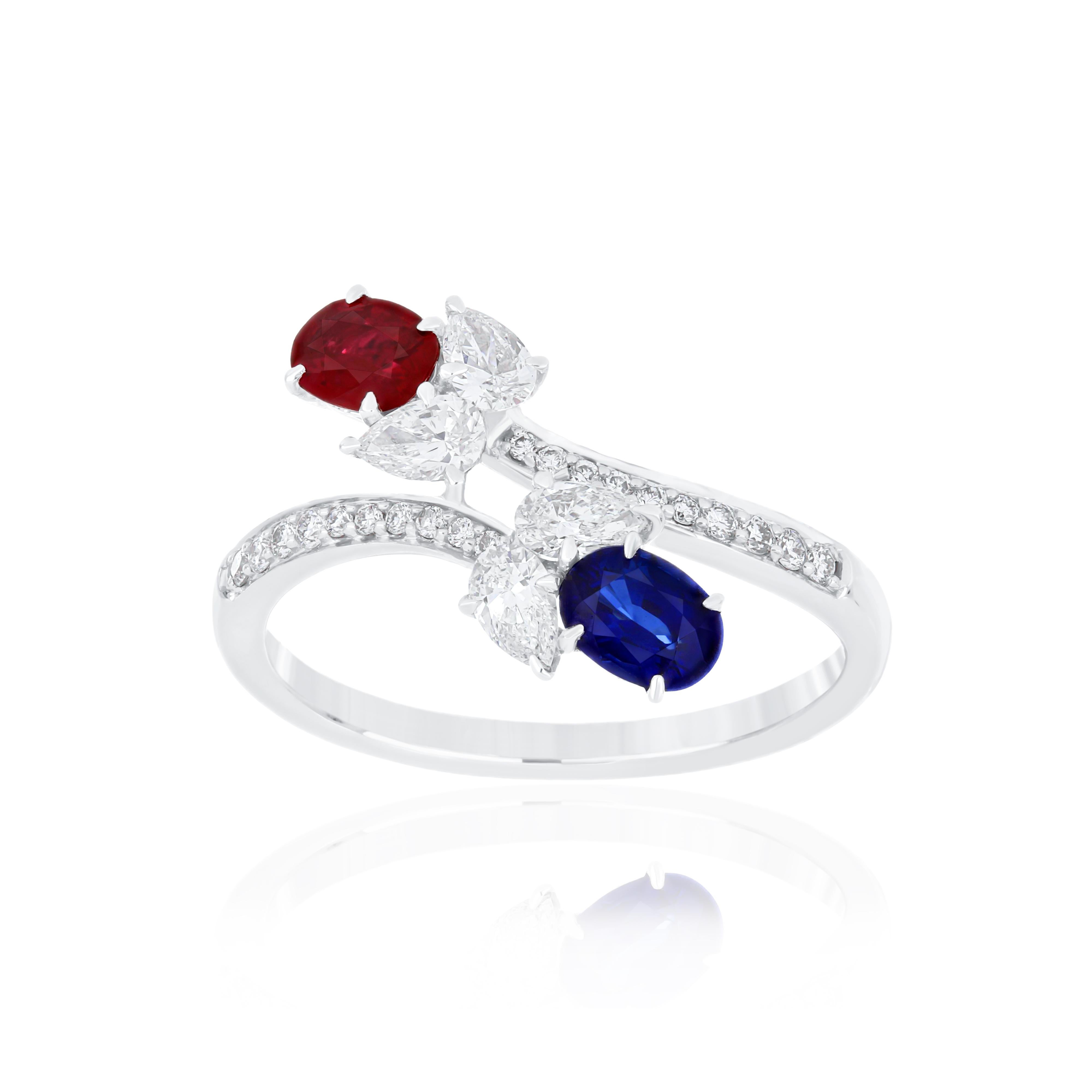 Oval Cut Ruby Mozambique, Blue Sapphire and Diamond Ring 18K White Gold handcraft Jewelry For Sale