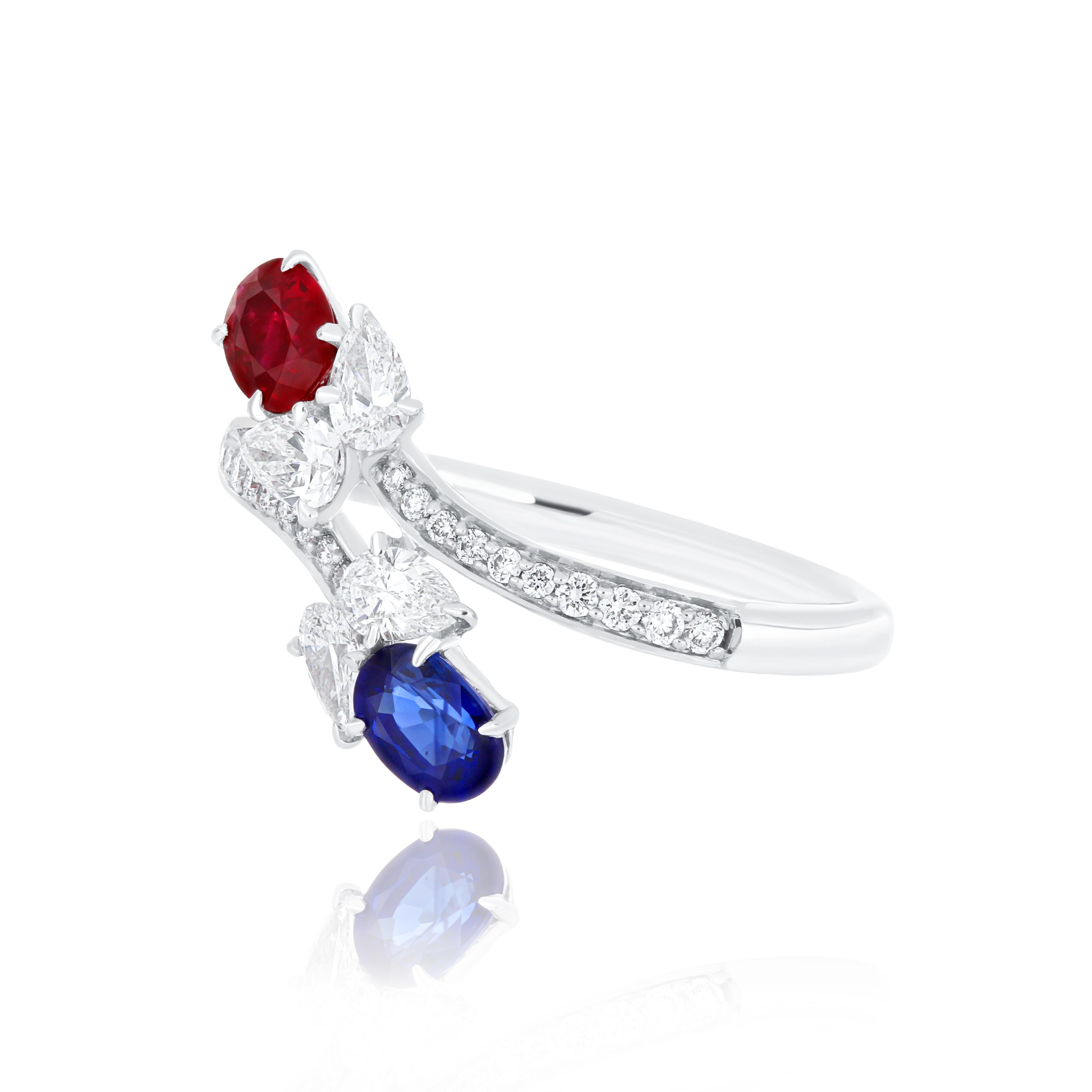 Ruby Mozambique, Blue Sapphire and Diamond Ring 18K White Gold handcraft Jewelry In New Condition For Sale In JAIPUR, IN