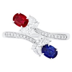 Ruby Mozambique, Blue Sapphire and Diamond Ring 18K White Gold handcraft Jewelry