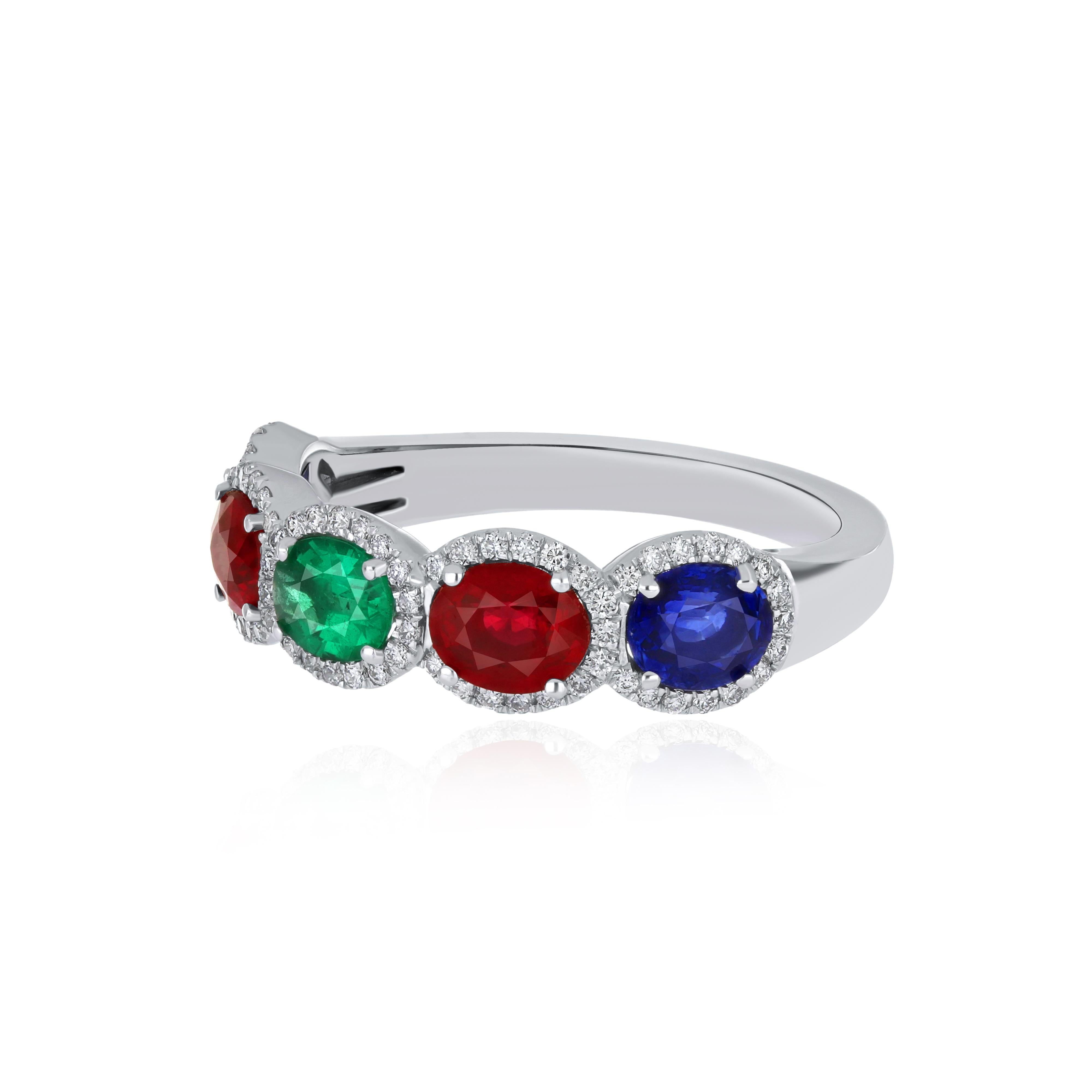 Oval Cut Ruby Mozambique, Blue Sapphire, Emerald and Diamond Ring 18 Karat White Gold For Sale