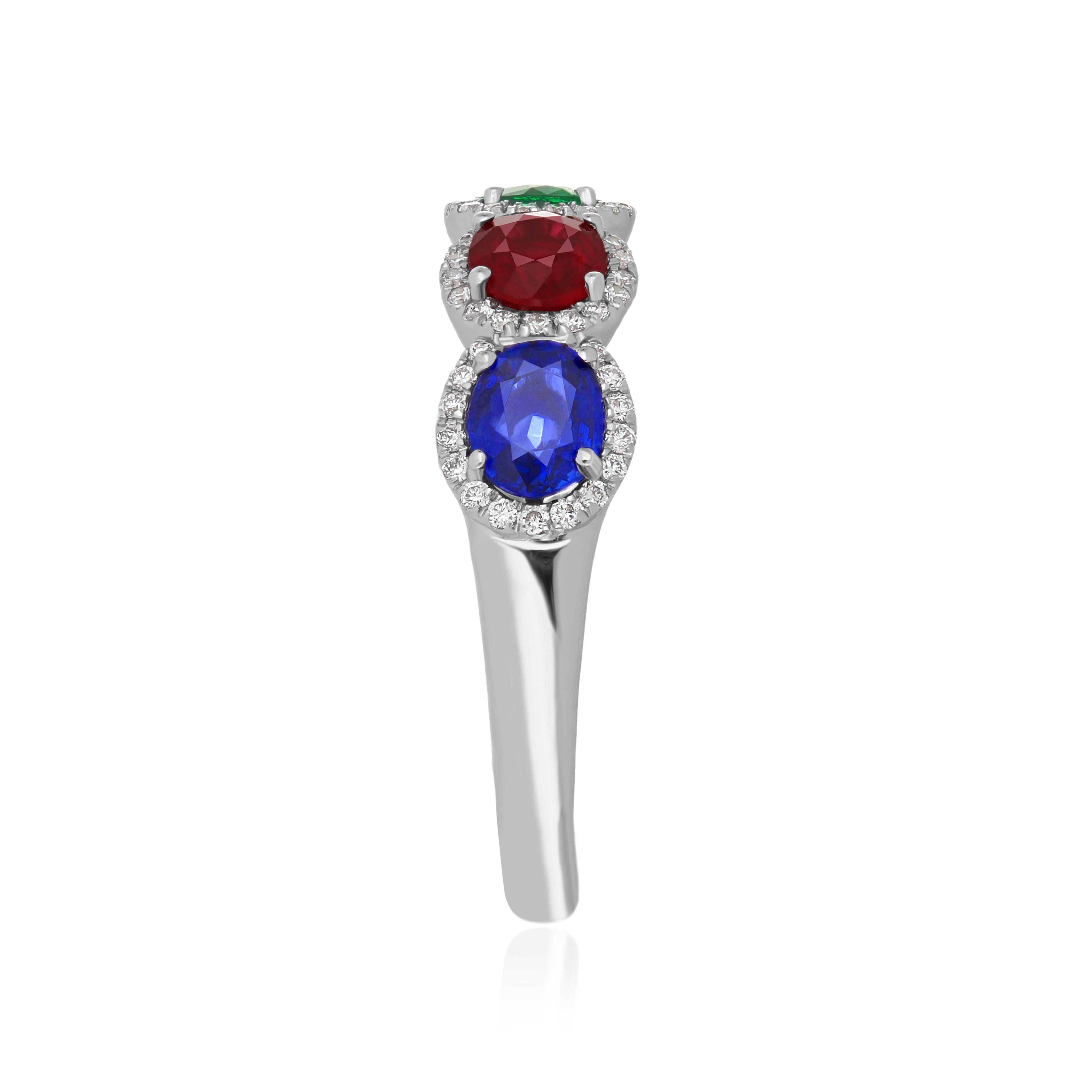 Ruby Mozambique, Blue Sapphire, Emerald and Diamond Ring 18 Karat White Gold In New Condition For Sale In JAIPUR, IN