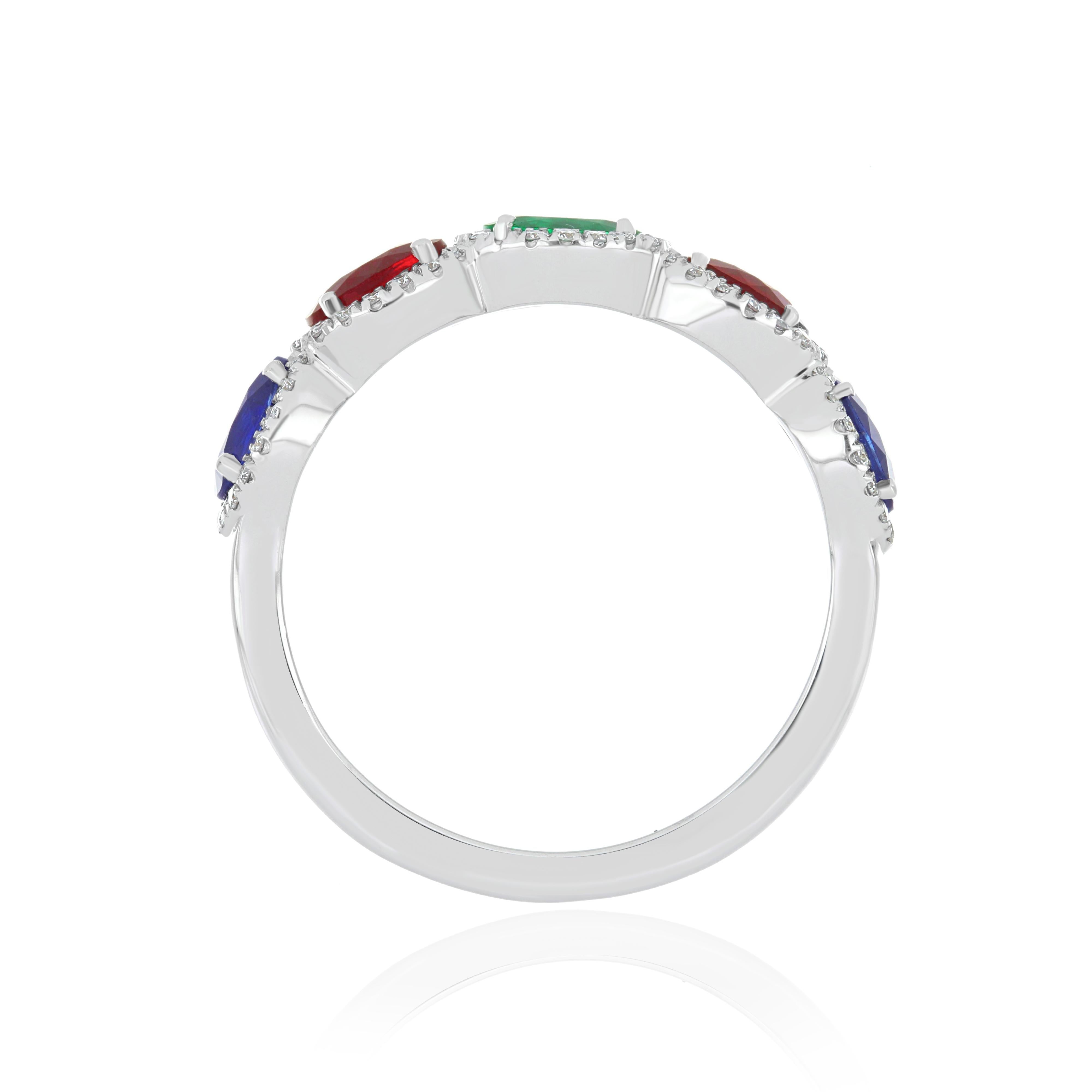 Women's Ruby Mozambique, Blue Sapphire, Emerald and Diamond Ring 18 Karat White Gold For Sale