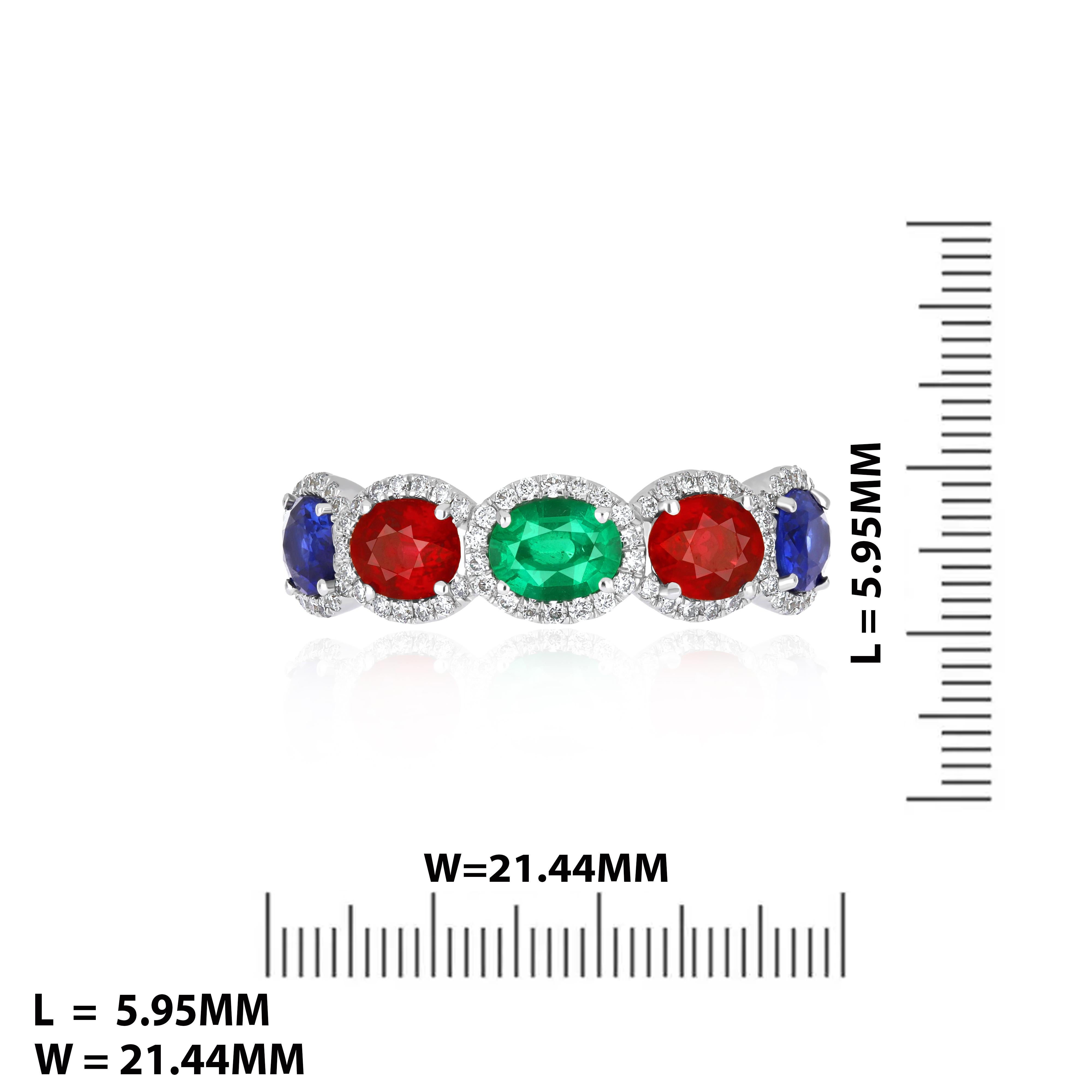Ruby Mozambique, Blue Sapphire, Emerald and Diamond Ring 18 Karat White Gold For Sale 1
