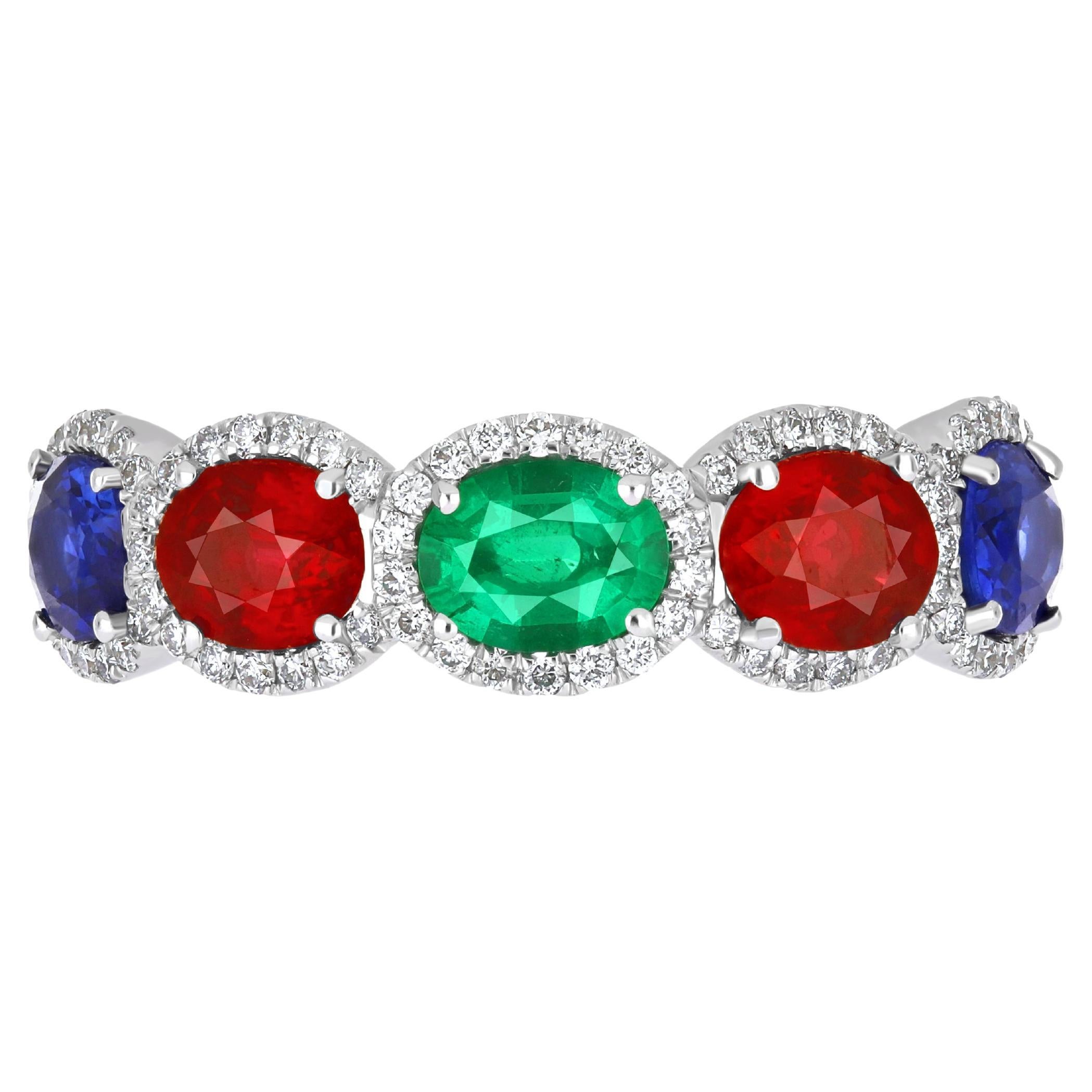 Ruby Mozambique, Blue Sapphire, Emerald and Diamond Ring 18 Karat White Gold