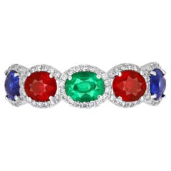 Ruby Mozambique, Blue Sapphire, Emerald and Diamond Ring 18 Karat White Gold