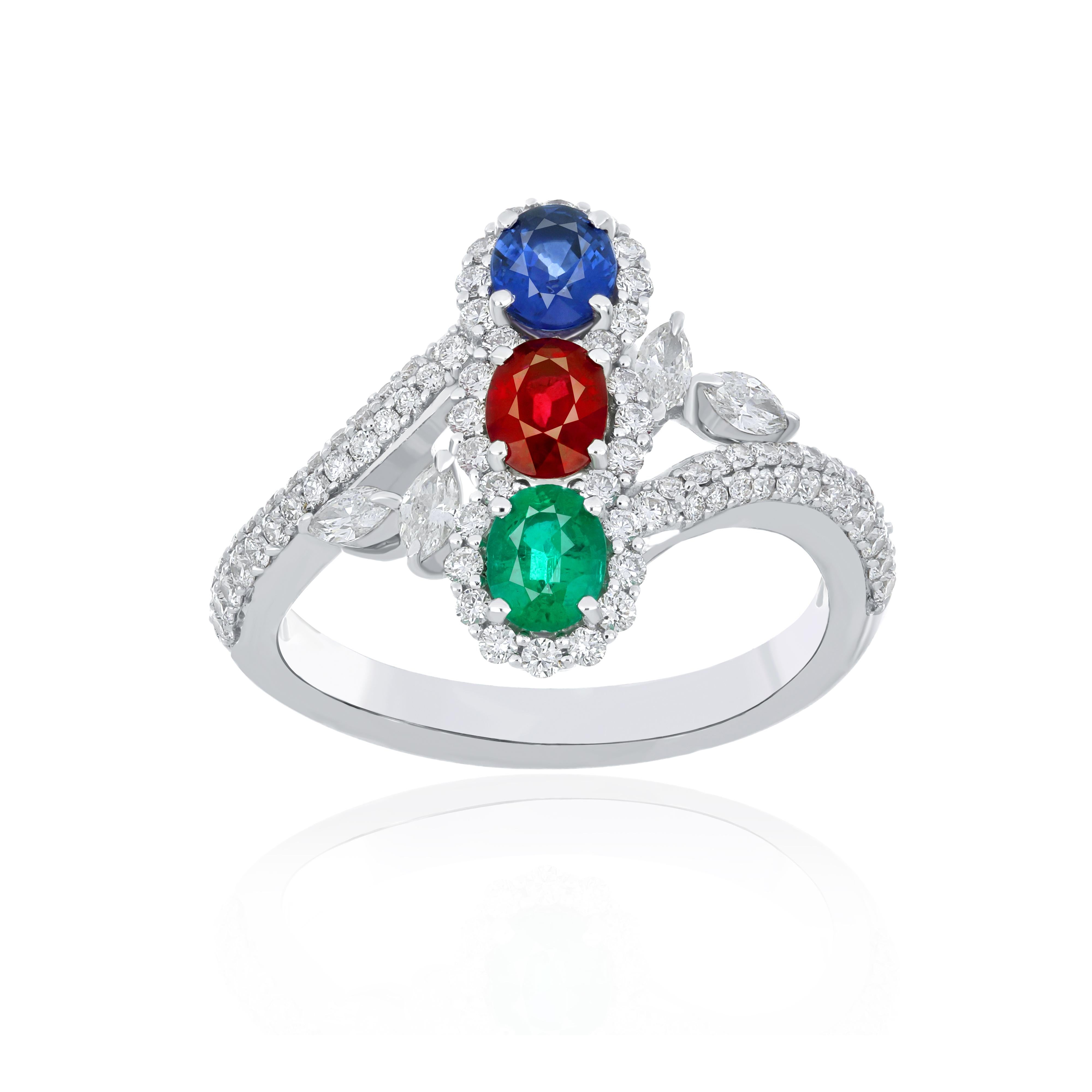 Ruby Mozambique, Emerald, Blue Sapphire and Diamond Ring 18 Karat White Gold 2