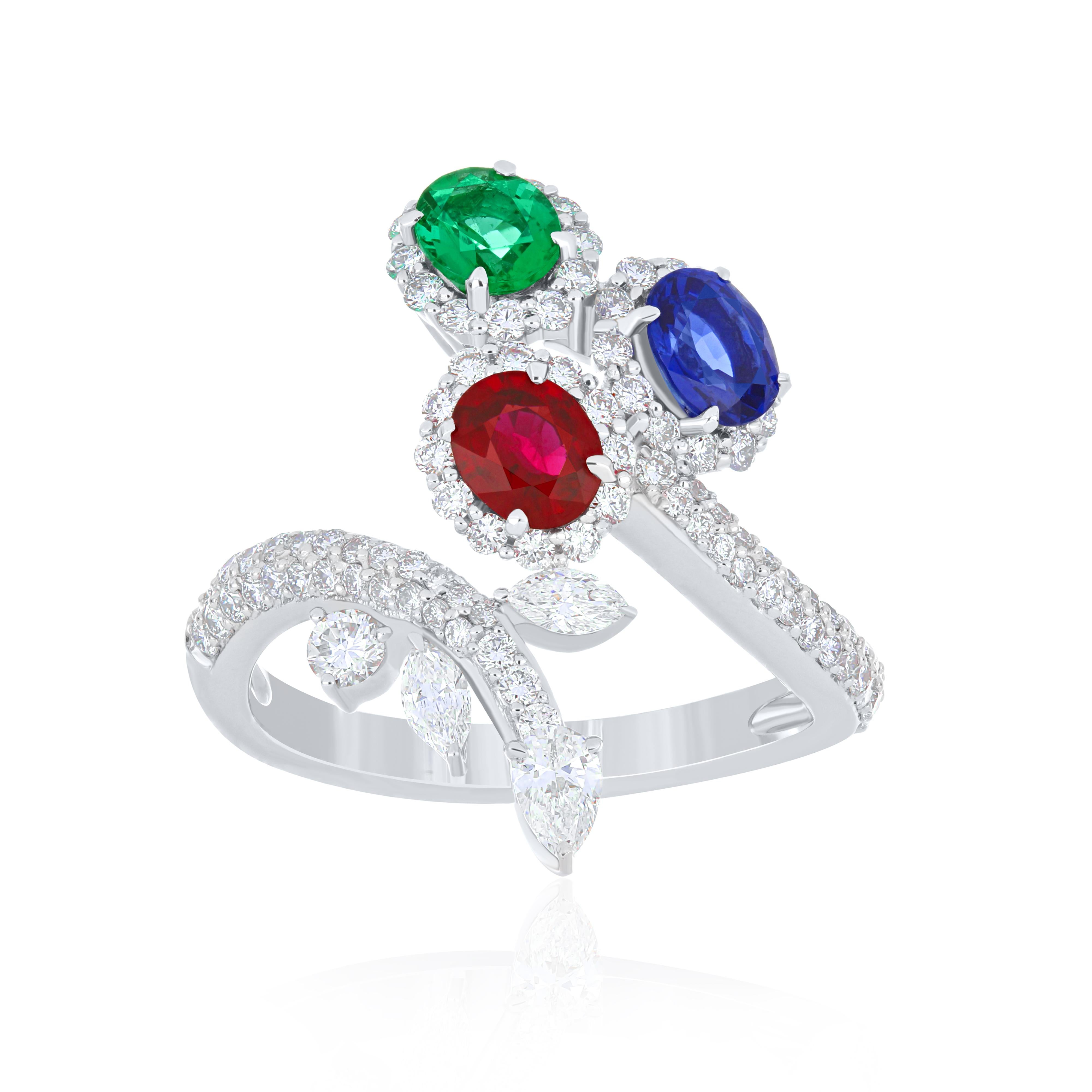 For Sale:  Ruby Mozambique, Emerald, Blue Sapphire and Diamond Ring 18 Karat White Gold  2