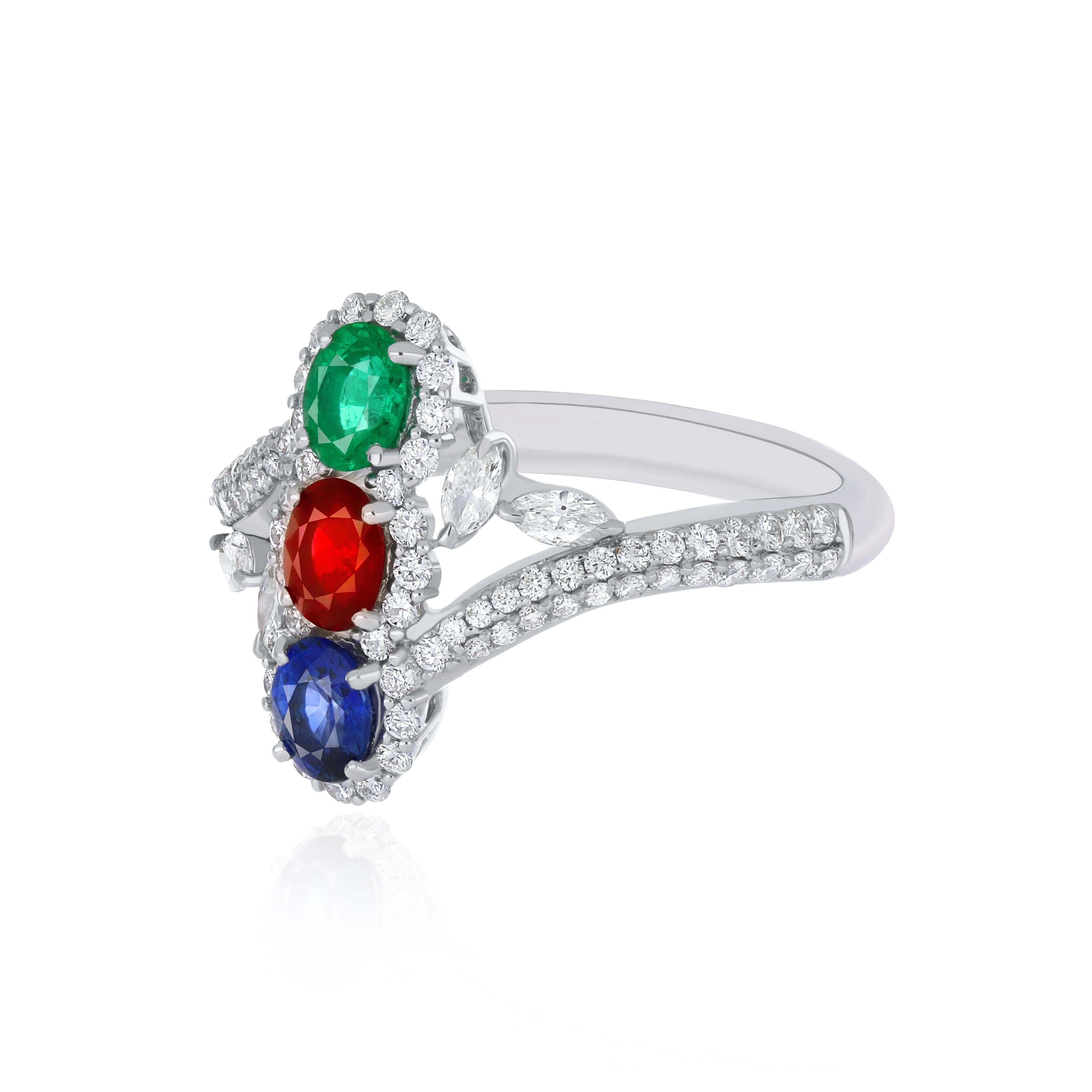 Ruby Mozambique, Emerald, Blue Sapphire and Diamond Ring 18 Karat White Gold 3