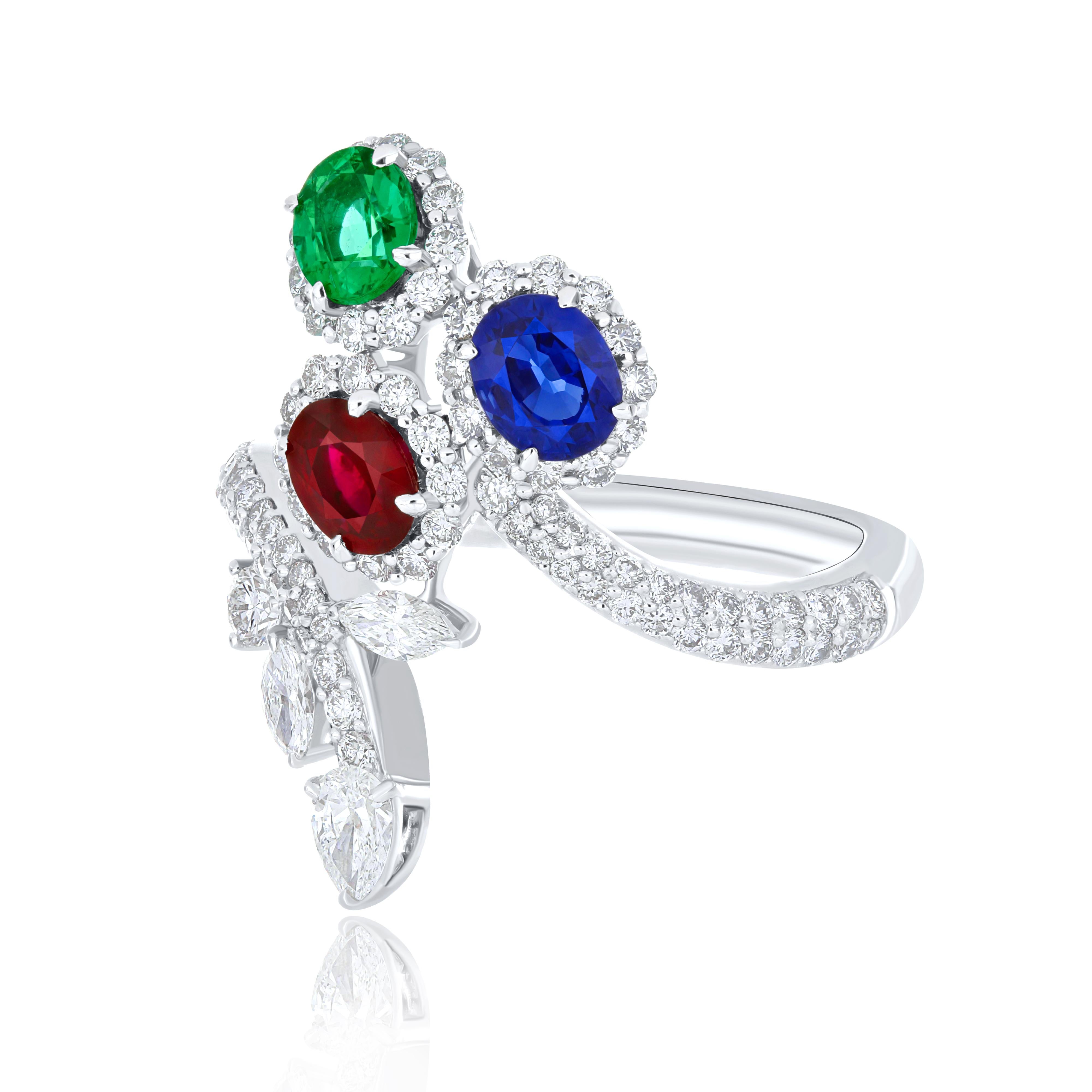 For Sale:  Ruby Mozambique, Emerald, Blue Sapphire and Diamond Ring 18 Karat White Gold  3