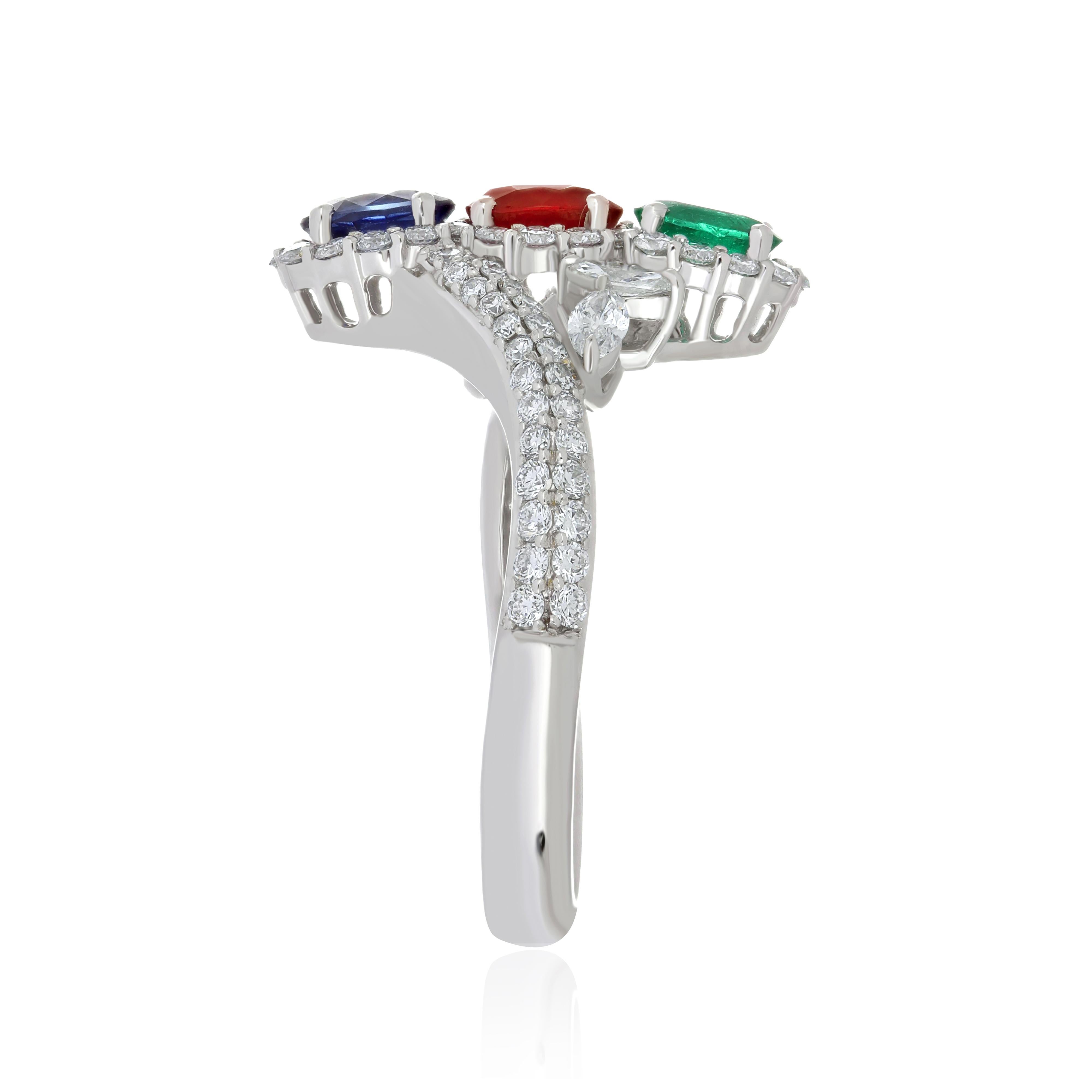 Ruby Mozambique, Emerald, Blue Sapphire and Diamond Ring 18 Karat White Gold 4