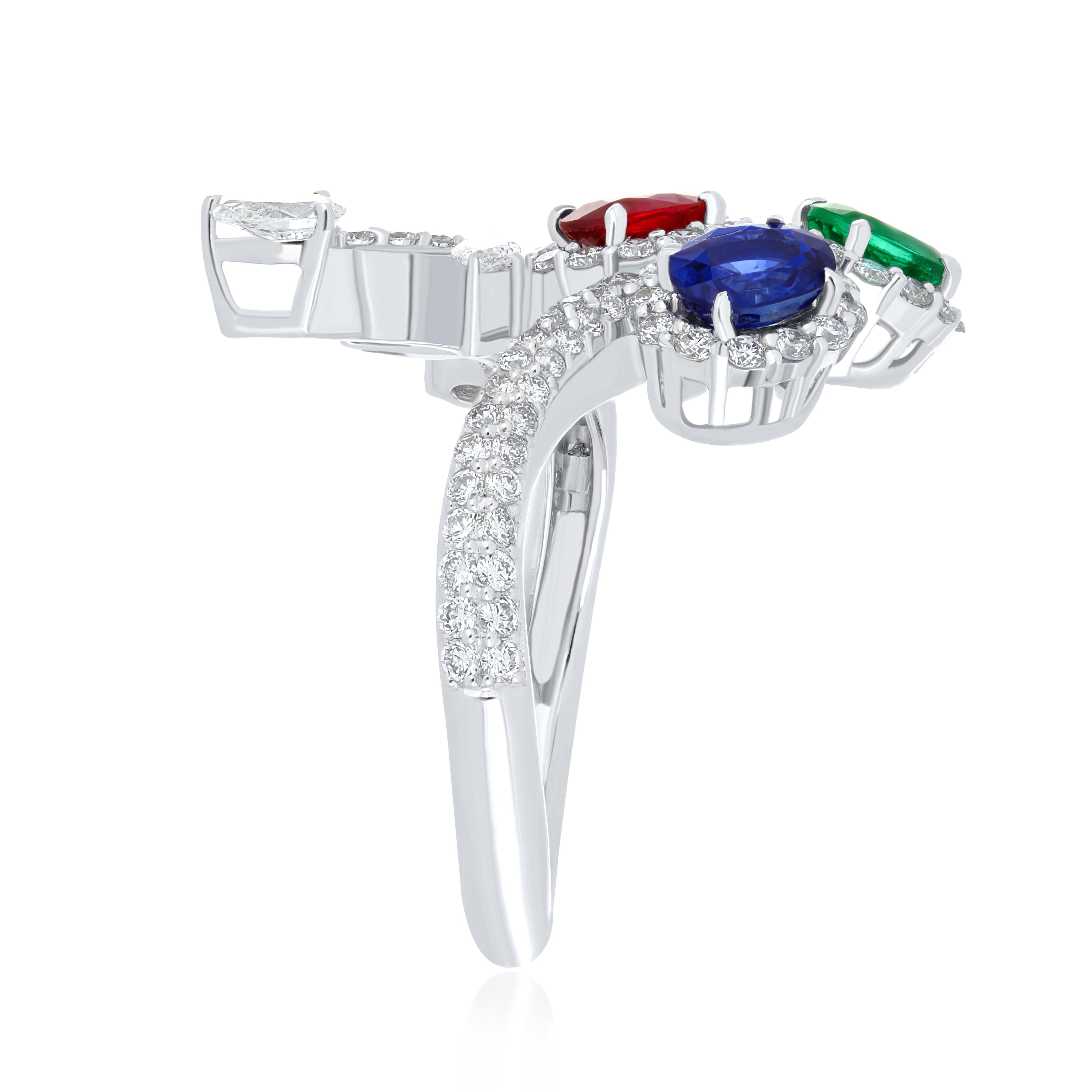 For Sale:  Ruby Mozambique, Emerald, Blue Sapphire and Diamond Ring 18 Karat White Gold  4