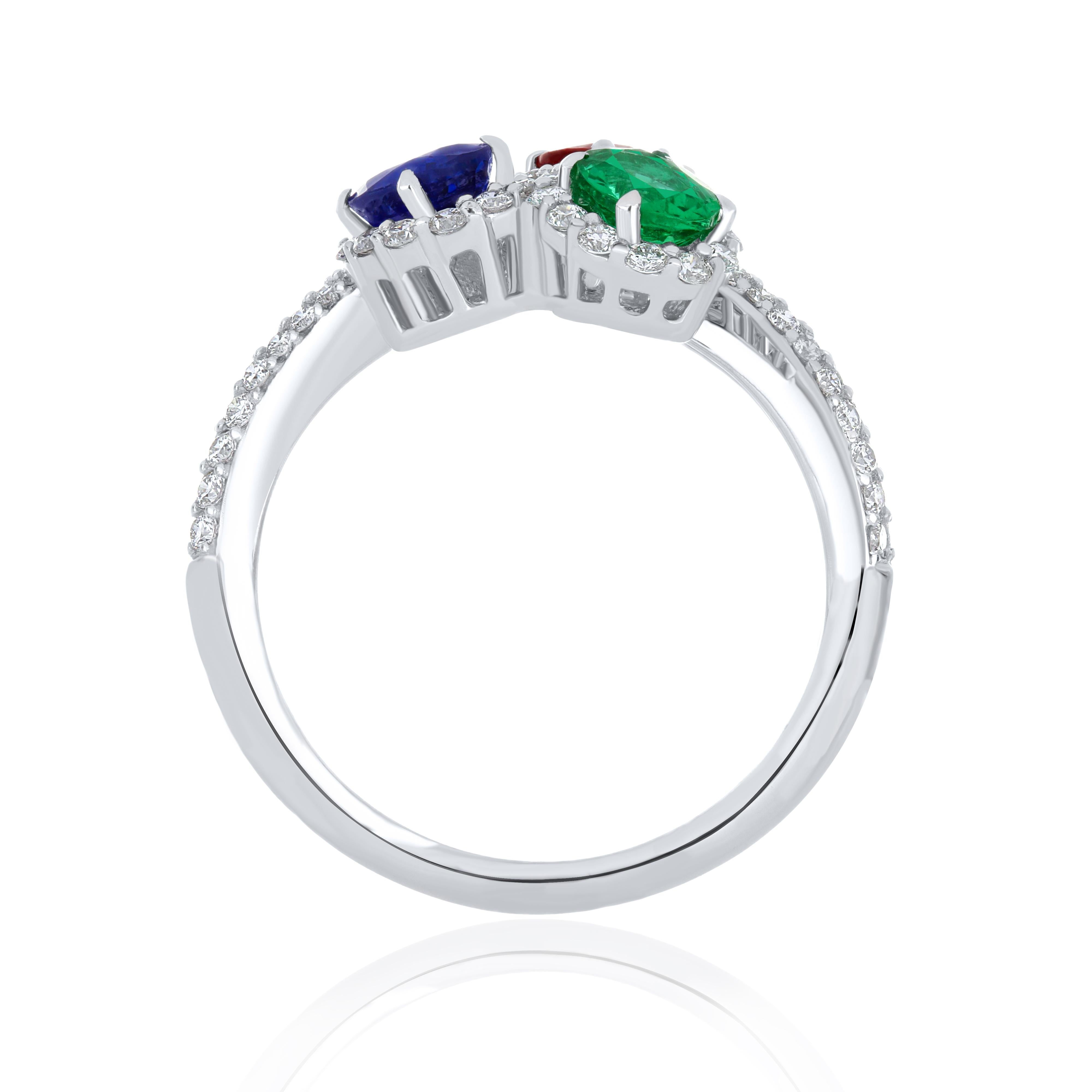 For Sale:  Ruby Mozambique, Emerald, Blue Sapphire and Diamond Ring 18 Karat White Gold  5