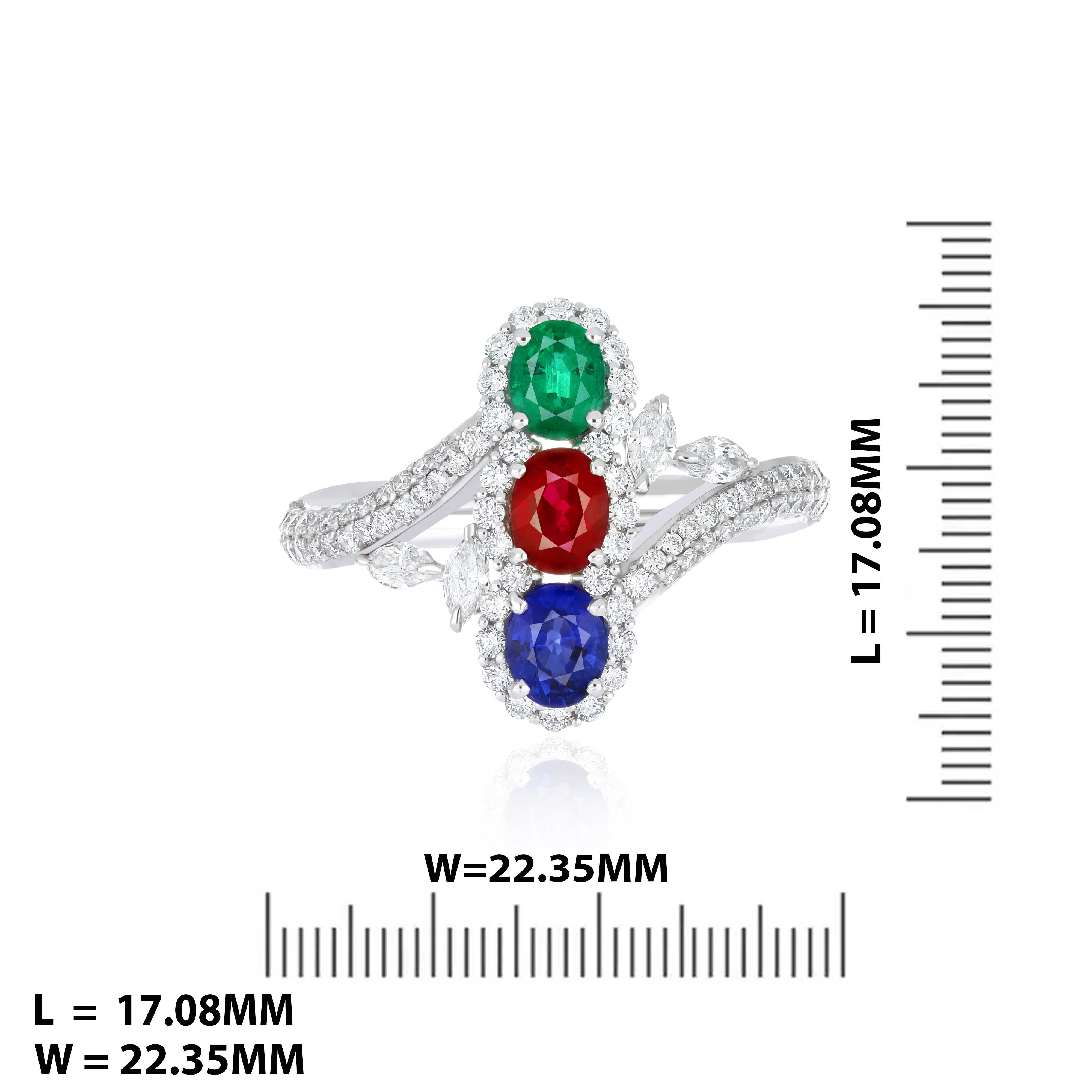 Ruby Mozambique, Emerald, Blue Sapphire and Diamond Ring 18 Karat White Gold 6