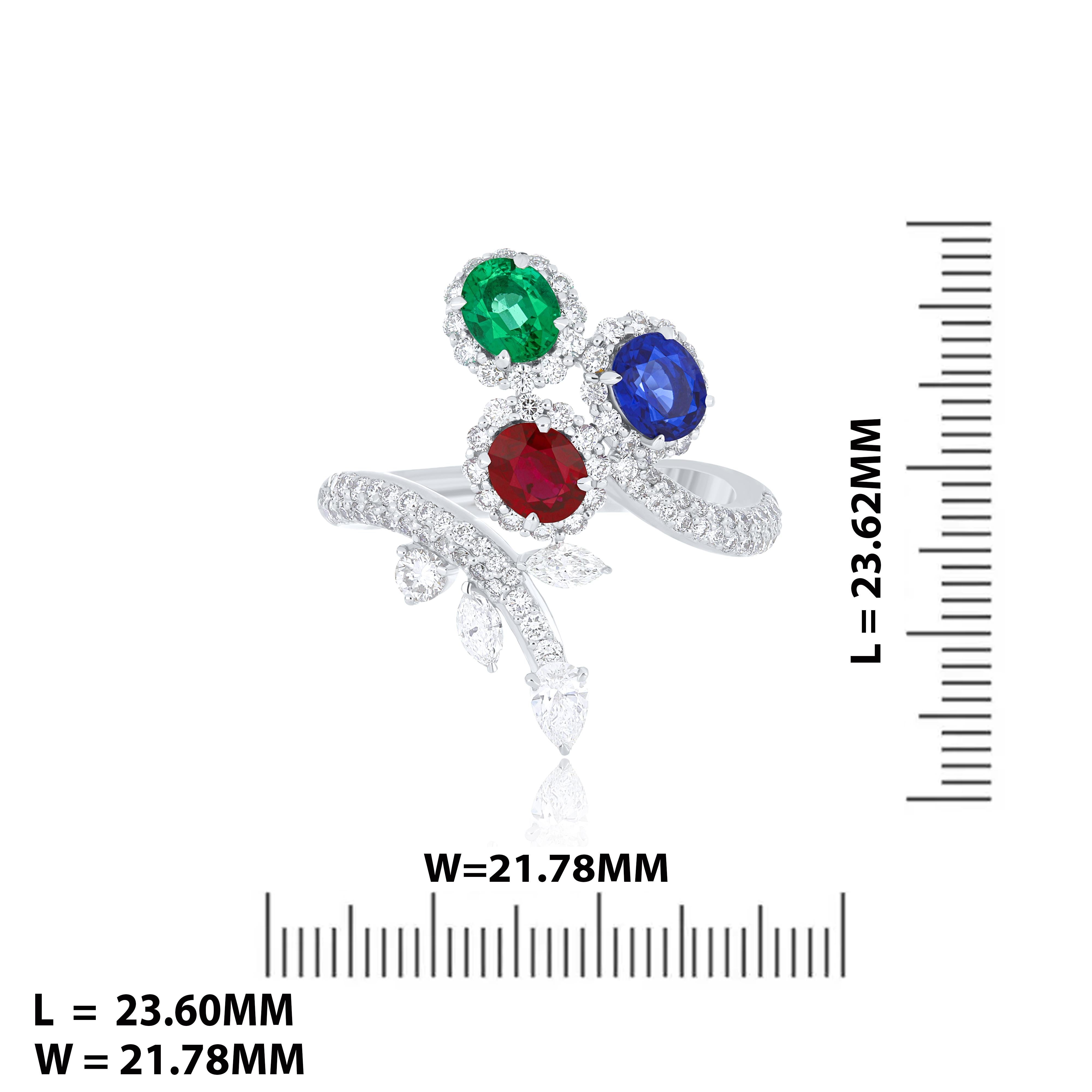 For Sale:  Ruby Mozambique, Emerald, Blue Sapphire and Diamond Ring 18 Karat White Gold  7
