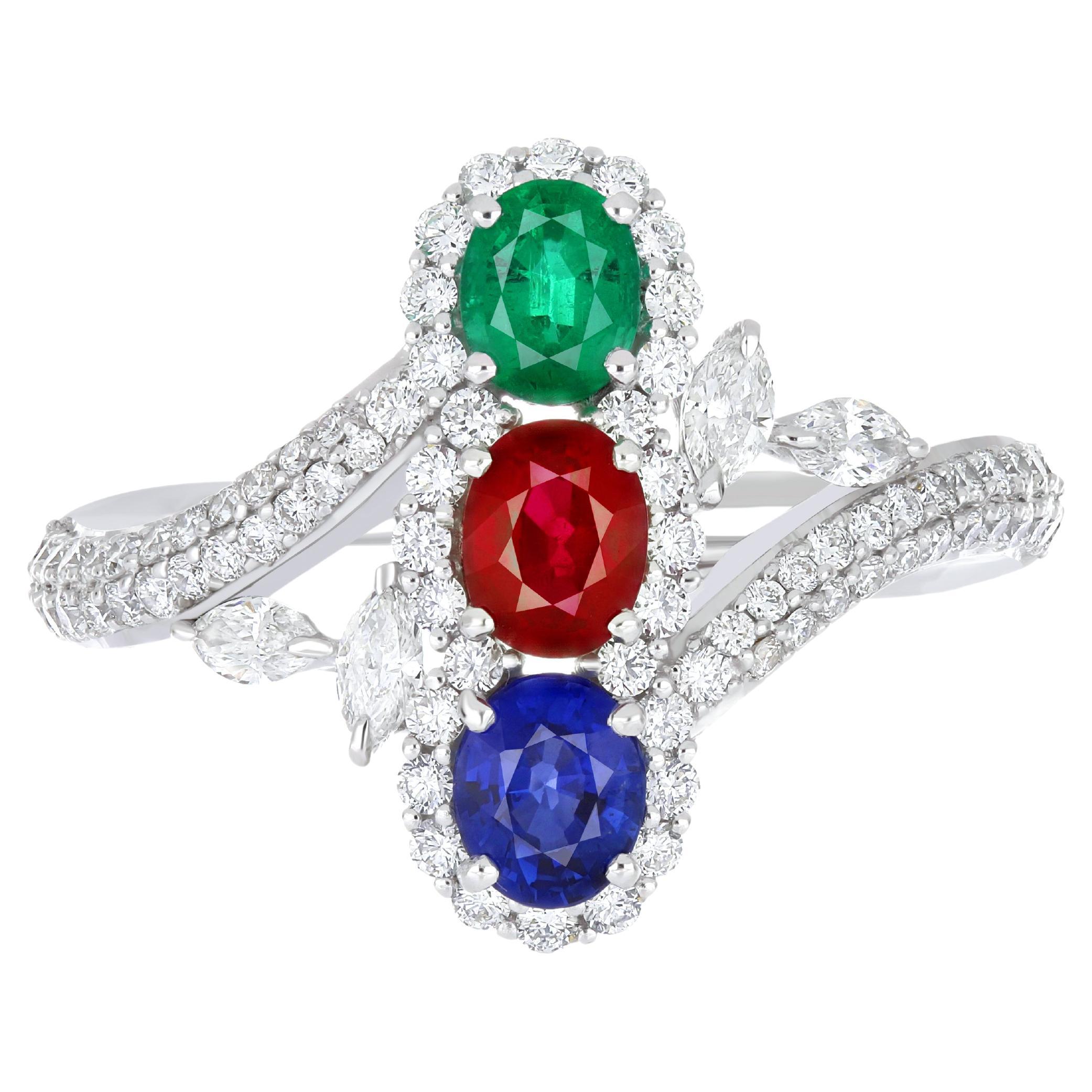 Ruby Mozambique, Emerald, Blue Sapphire and Diamond Ring 18 Karat White Gold