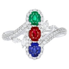 Ruby Mozambique, Emerald, Blue Sapphire and Diamond Ring 18 Karat White Gold