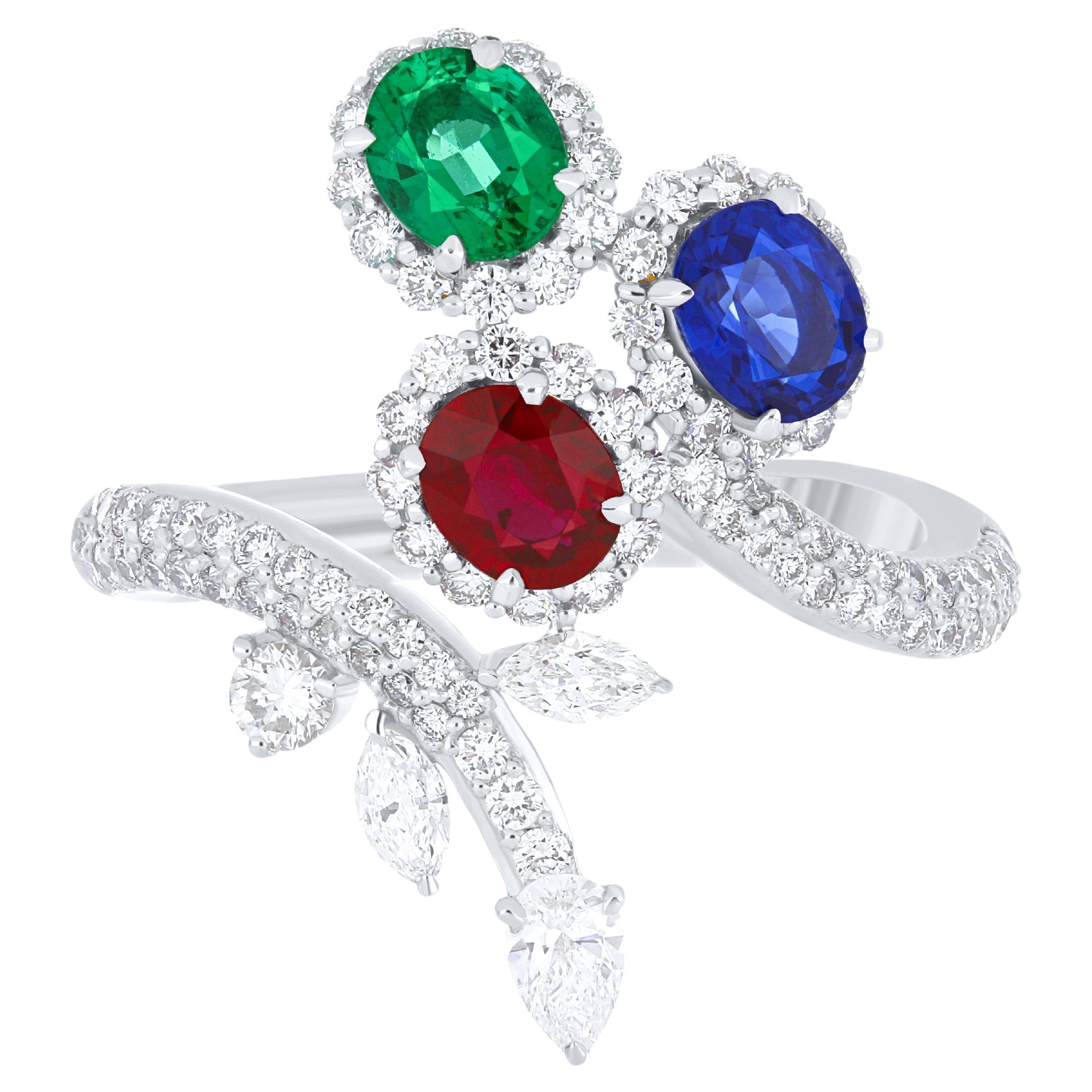 For Sale:  Ruby Mozambique, Emerald, Blue Sapphire and Diamond Ring 18 Karat White Gold