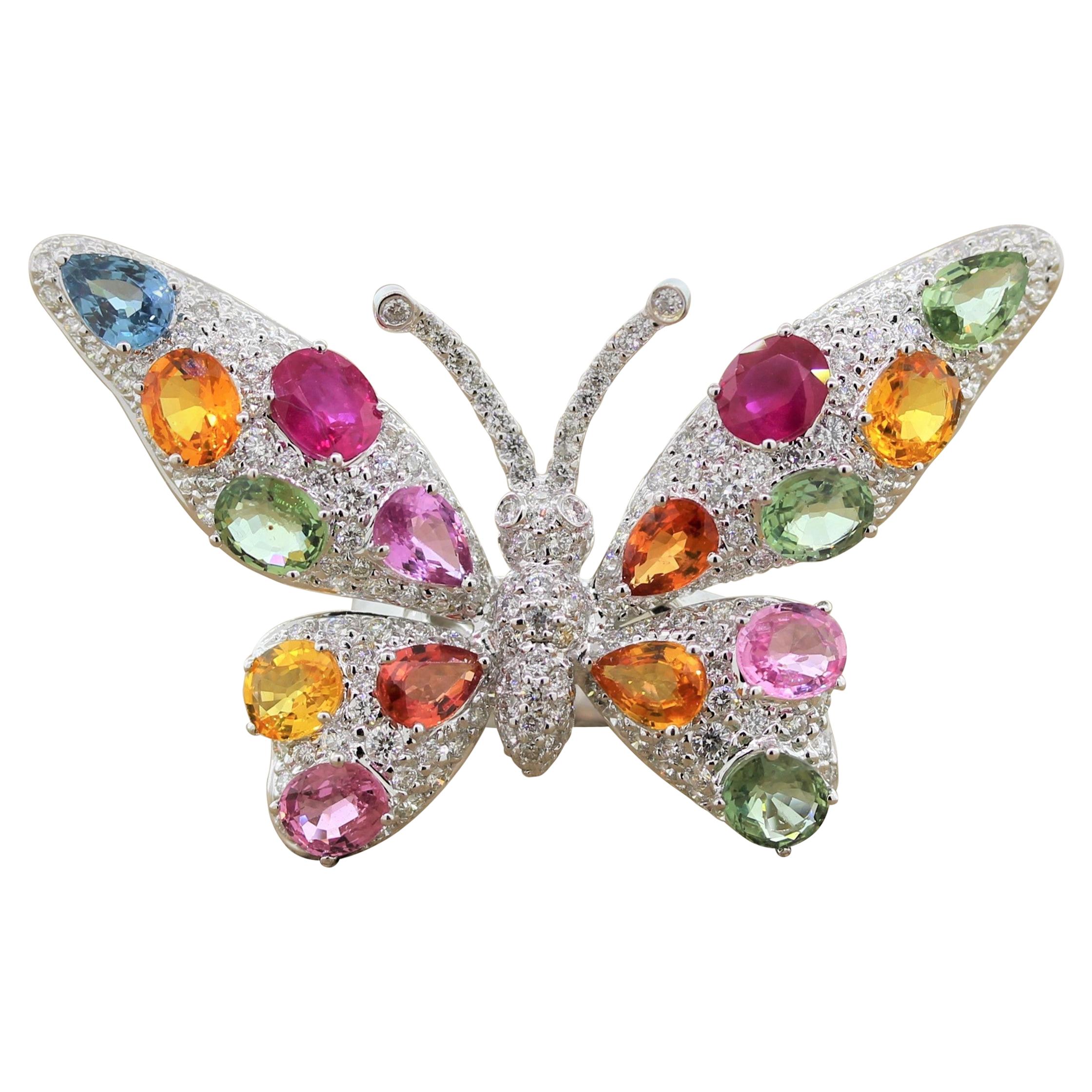 Ruby Multi-Color Sapphire Diamond Gold Butterfly Ring For Sale