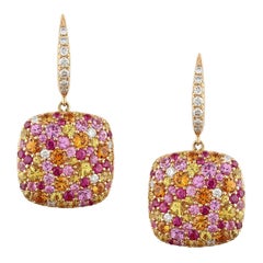 Ruby Multi-Color Sapphire Diamond Gold Cluster Drop Earrings