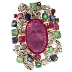 Ruby Multi Gemstone Two Color Gold Cluster Ring