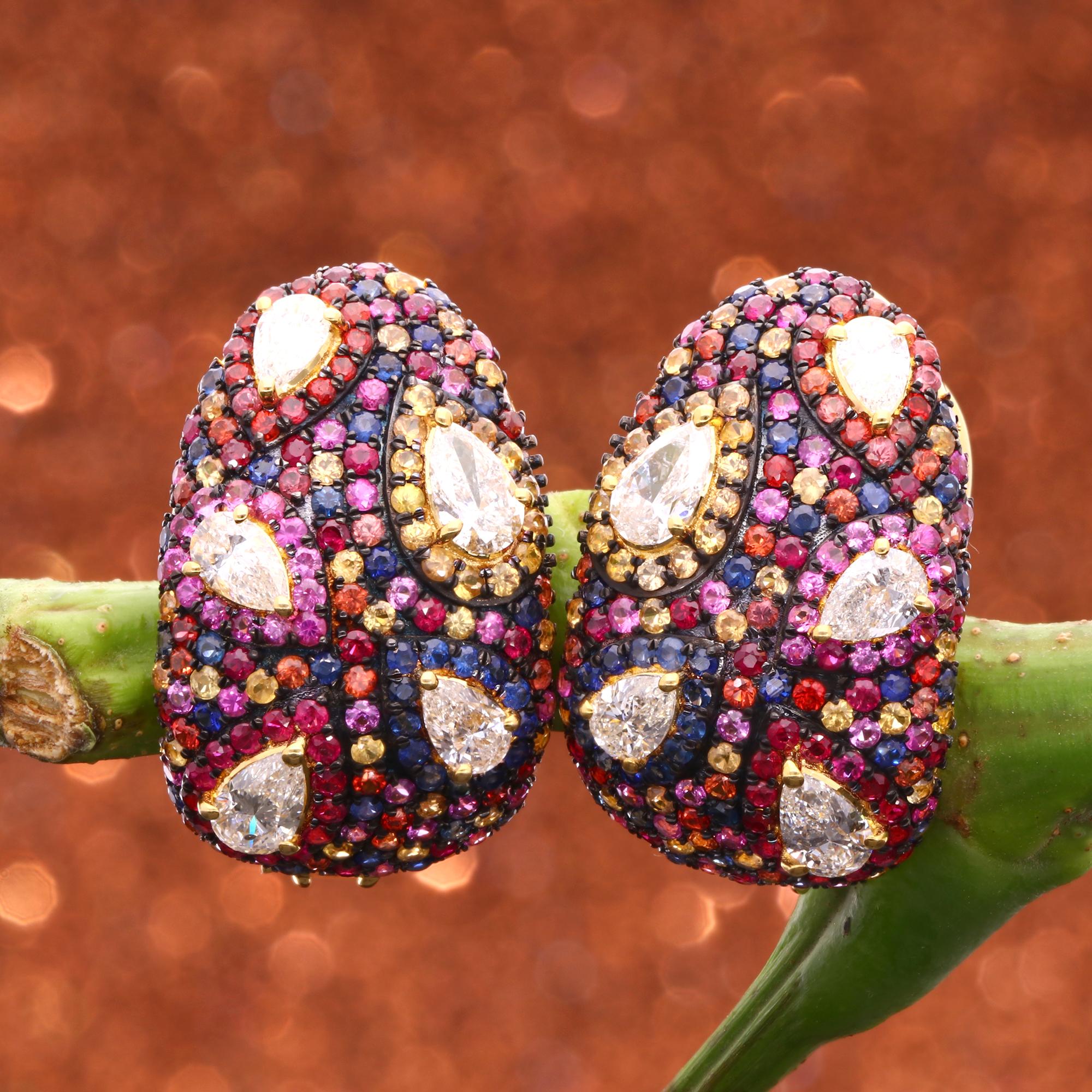 Modern Ruby Multi Sapphire Gemstone Earrings Pear Diamond 18 Karat Yellow Gold Jewelry For Sale