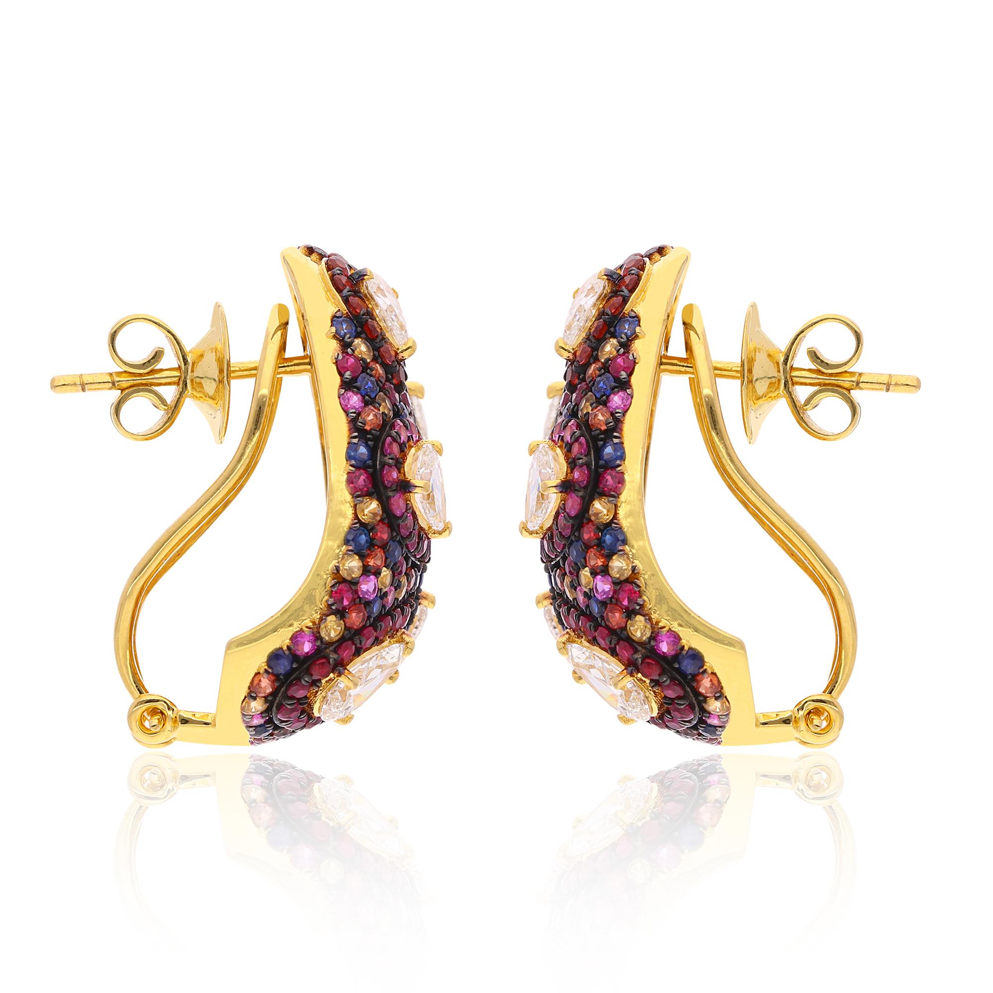 Women's Ruby Multi Sapphire Gemstone Earrings Pear Diamond 18 Karat Yellow Gold Jewelry For Sale