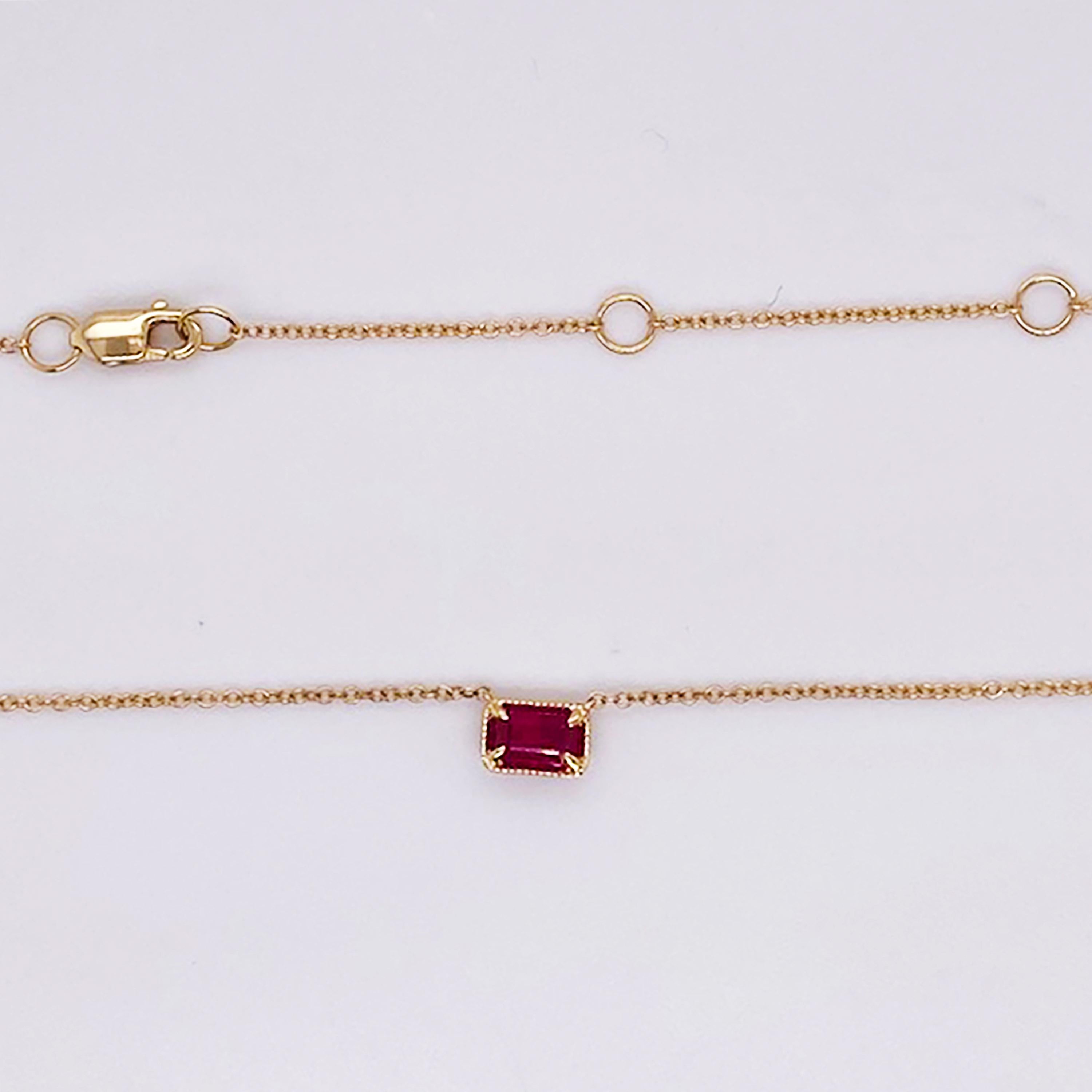 This petite necklace is perfect on anyone! The chain is 1 millimeter in width and the ruby is 4 x 2 millimeters and is beautiful in the emerald cut shape. You will love this necklace. All the yellow gold is solid 14 karat yellow gold.
Material: 14K