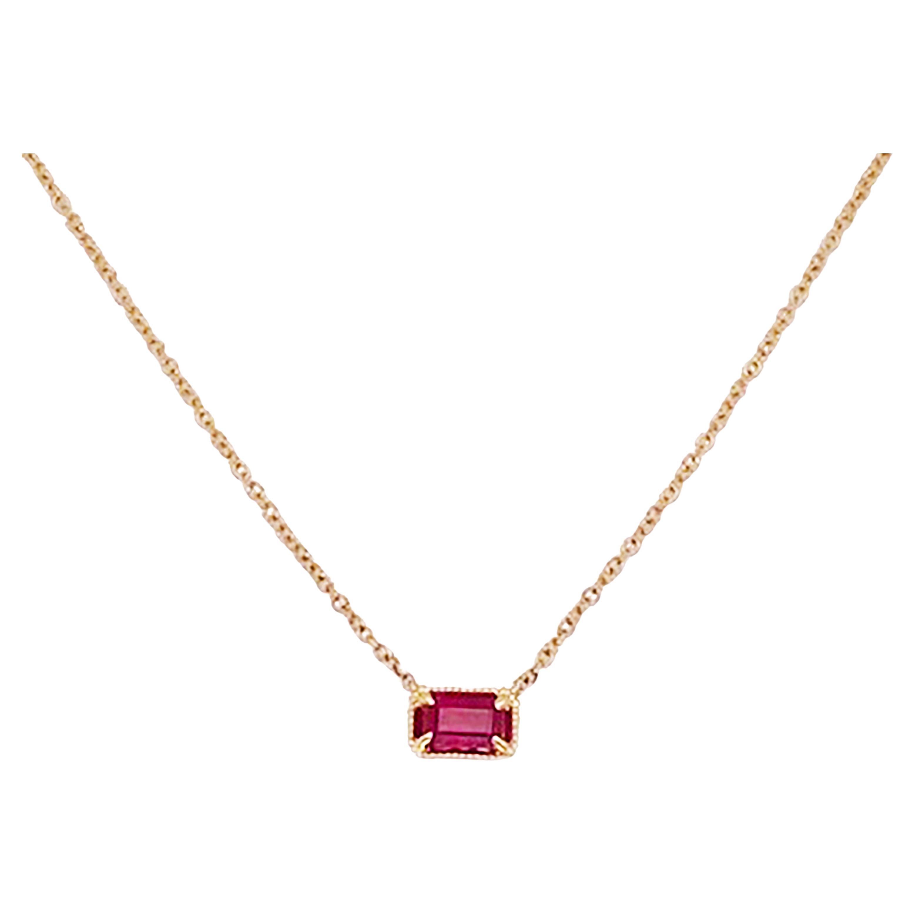 Ruby Necklace 14K Gold Emerald Cut .34 Carat Ruby Gemstone July Pendant For Sale