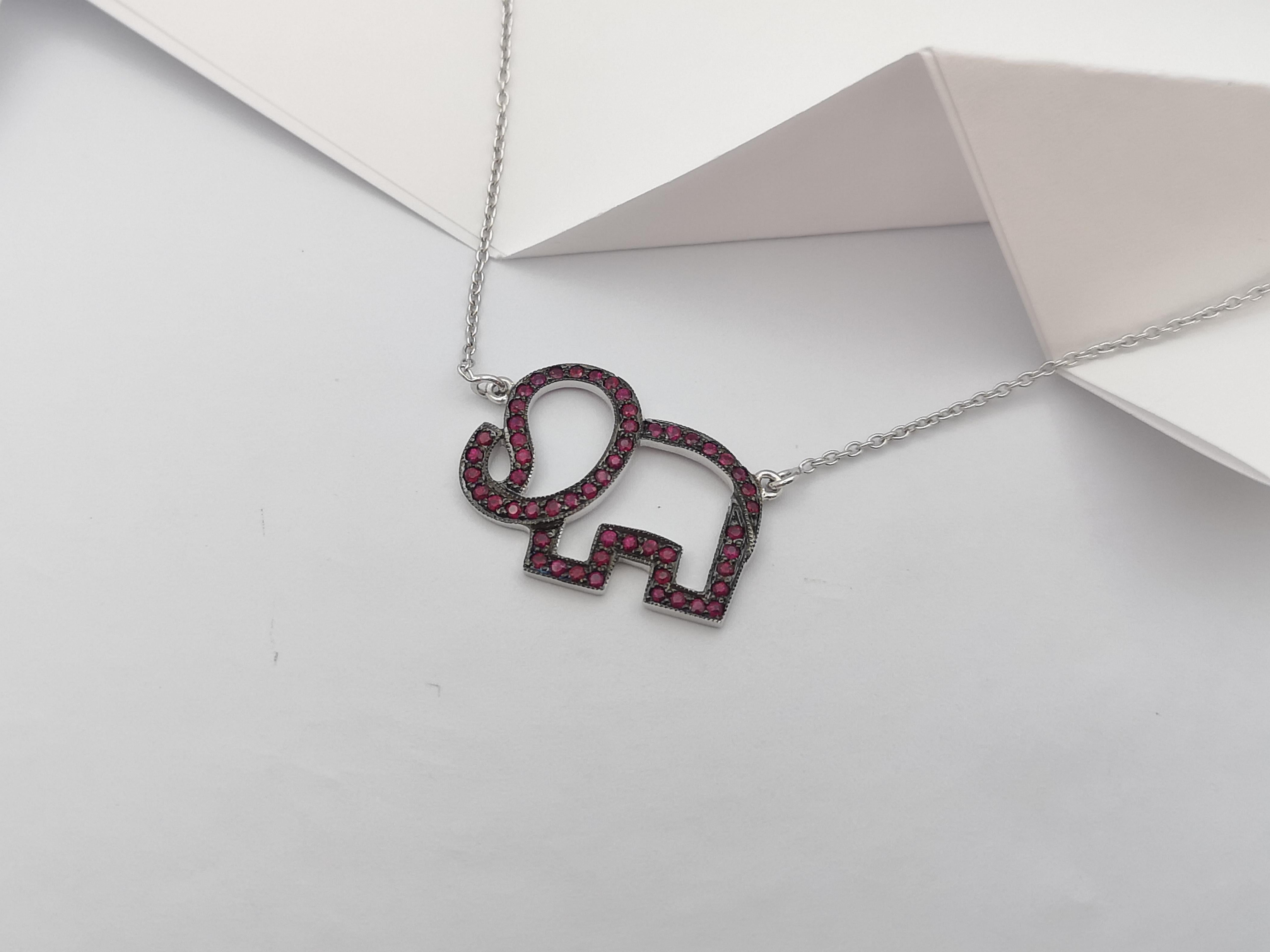 Brilliant Cut Ruby Elephant Necklace set in Silver Settings For Sale