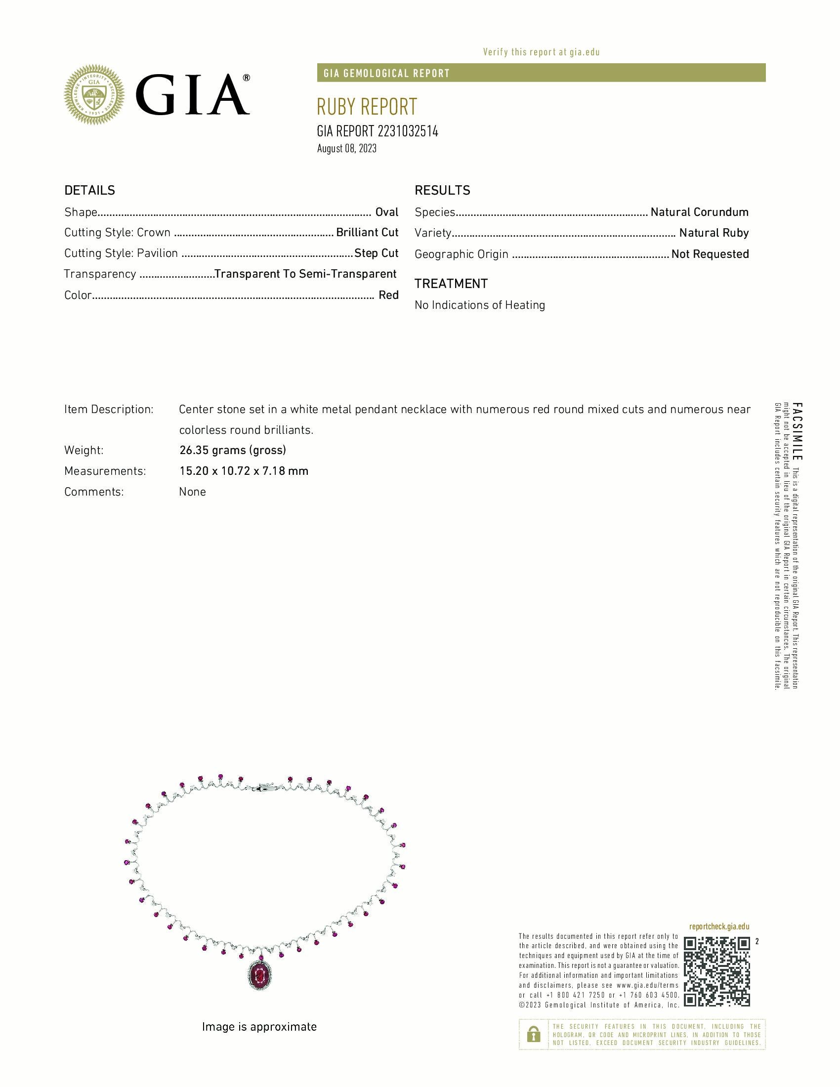 Artikel #8119 

GIA zertifiziert 
18K/14K Damen Halskette 11.29ctr NH Rubin 2.03ct Diamanten 4.55ct Rubin

Mittelstein gefasst in einer Halskette mit Anhänger aus weißem Metall mit zahlreichen roten runden Mischschliffen und zahlreichen nahezu