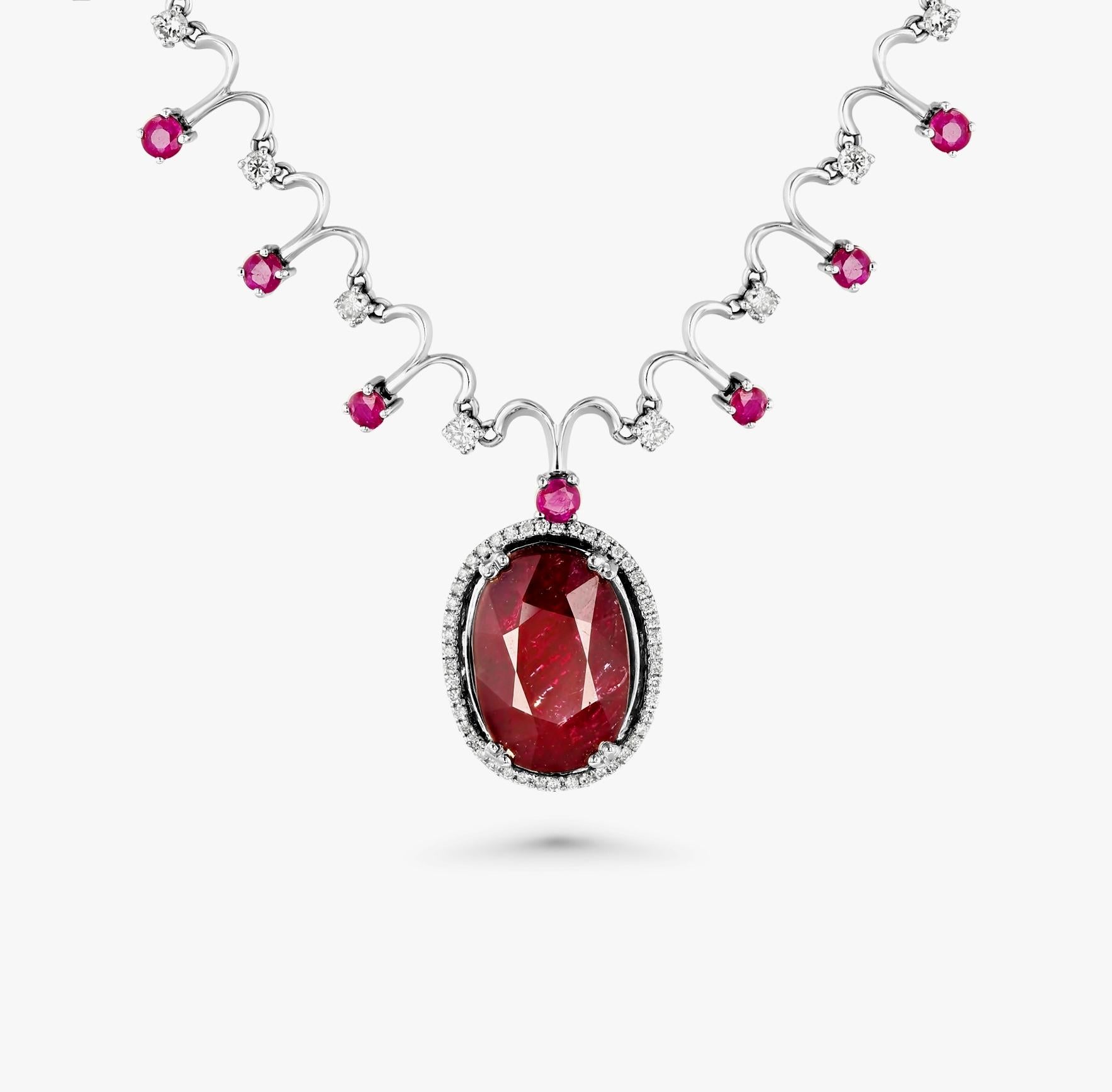 Halskette mit Rubin und Diamanten aus 18 & 14K Gold (Brillantschliff) im Angebot