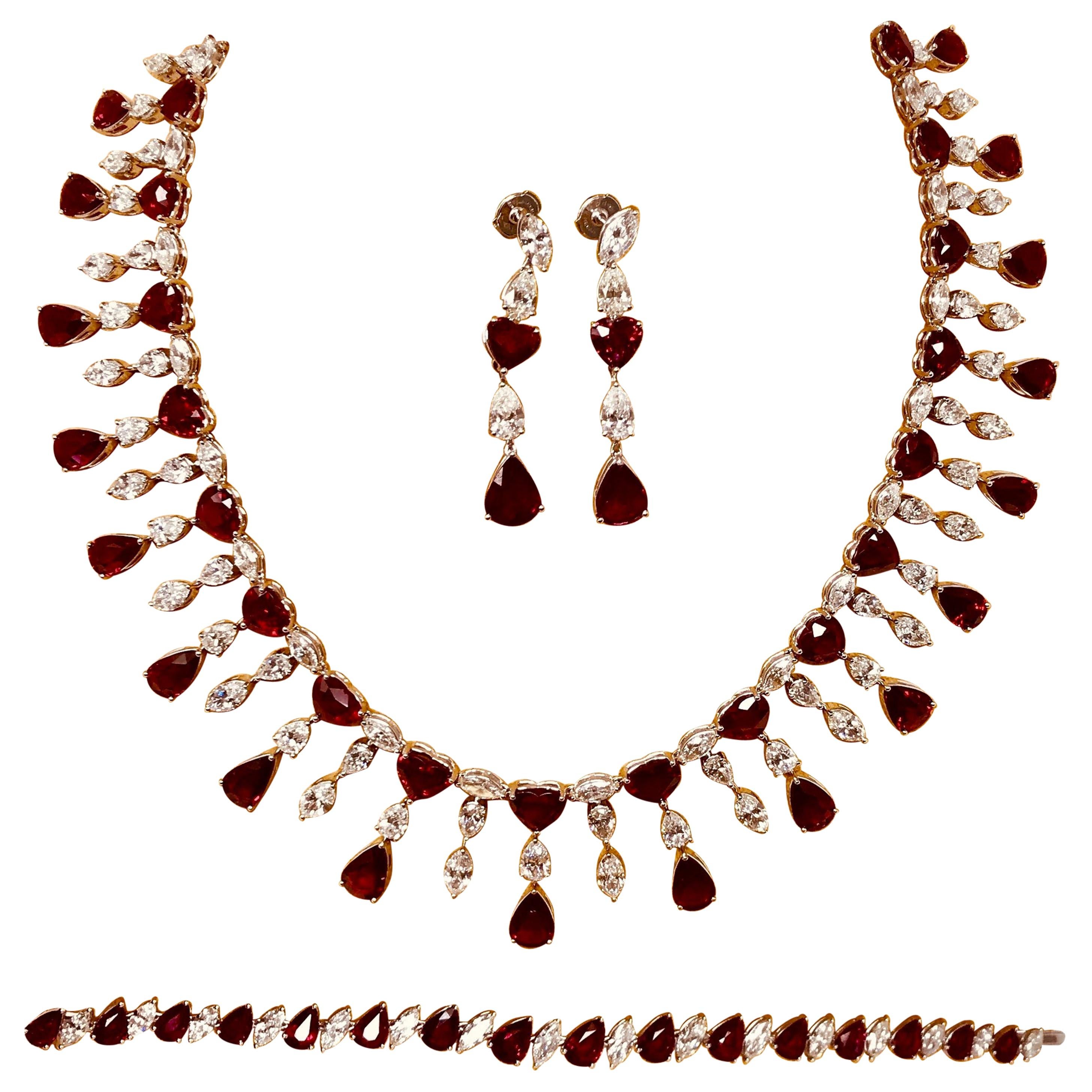 Ruby 'No Heat' and Diamond Necklace Set with Earrings and Bracelet