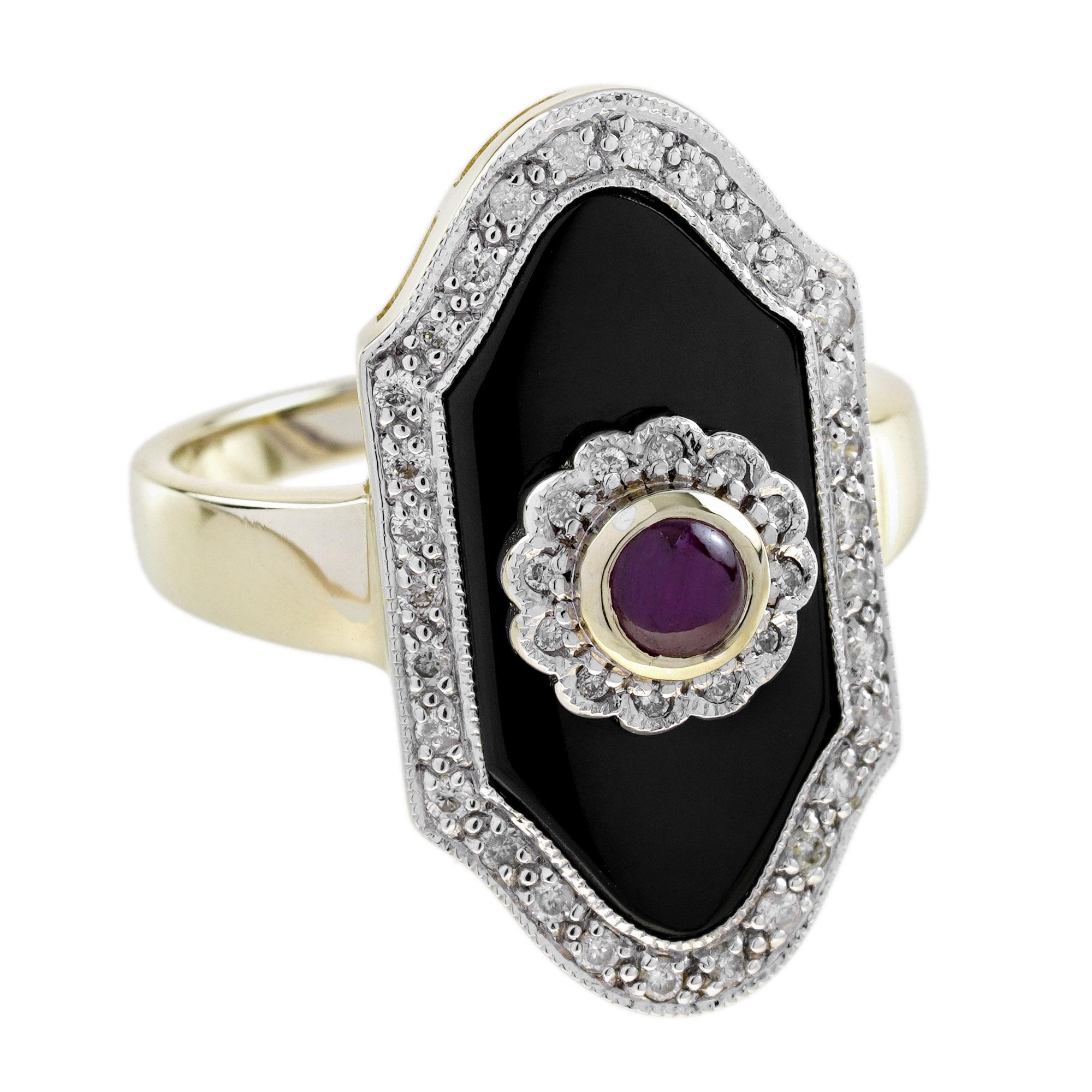 A vibrant round ruby takes center stage, its passionate hue beautifully contrasted by a sleek onyx halo that adds depth and drama. Framed in a sparkling border of fine diamonds, every detail captures the essence of 1920s sophistication. The perfect