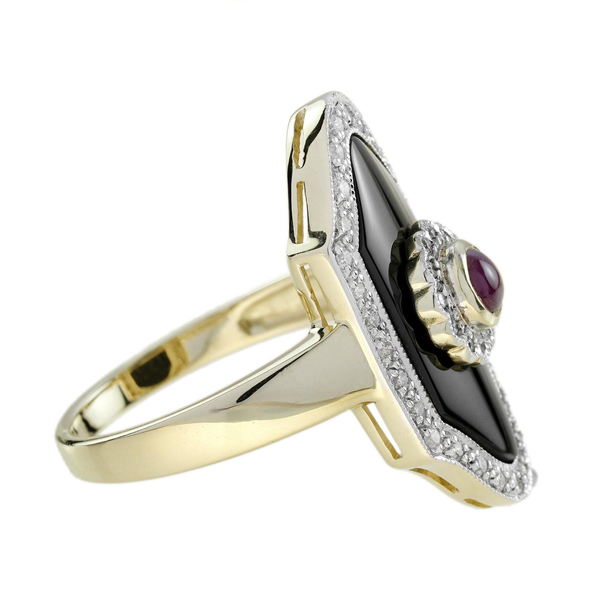 Round Cut Ruby Onyx and Diamond Art Deco Style Dinner Ring in 14K Yellow Gold For Sale