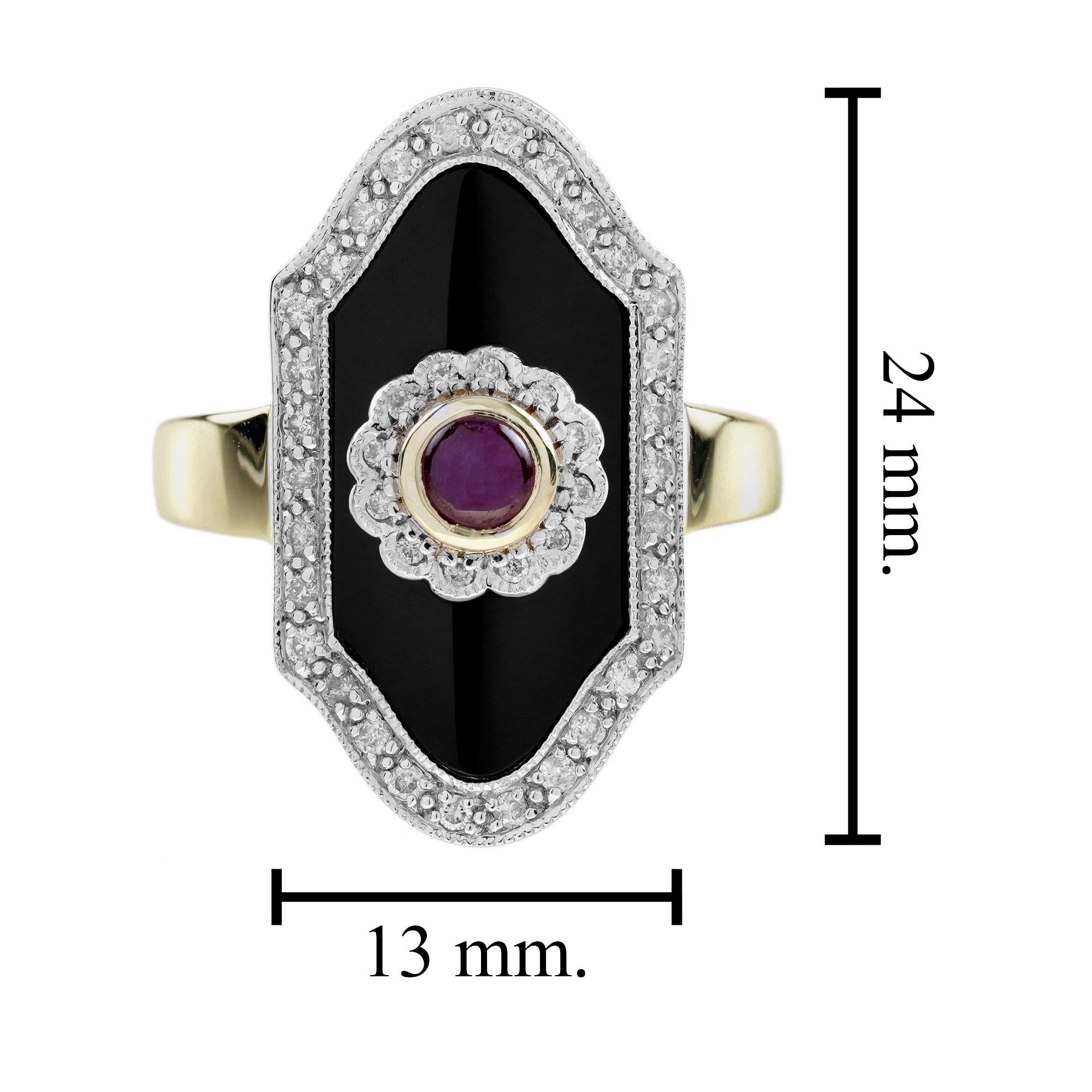 Ruby Onyx and Diamond Art Deco Style Dinner Ring in 14K Yellow Gold For Sale 1