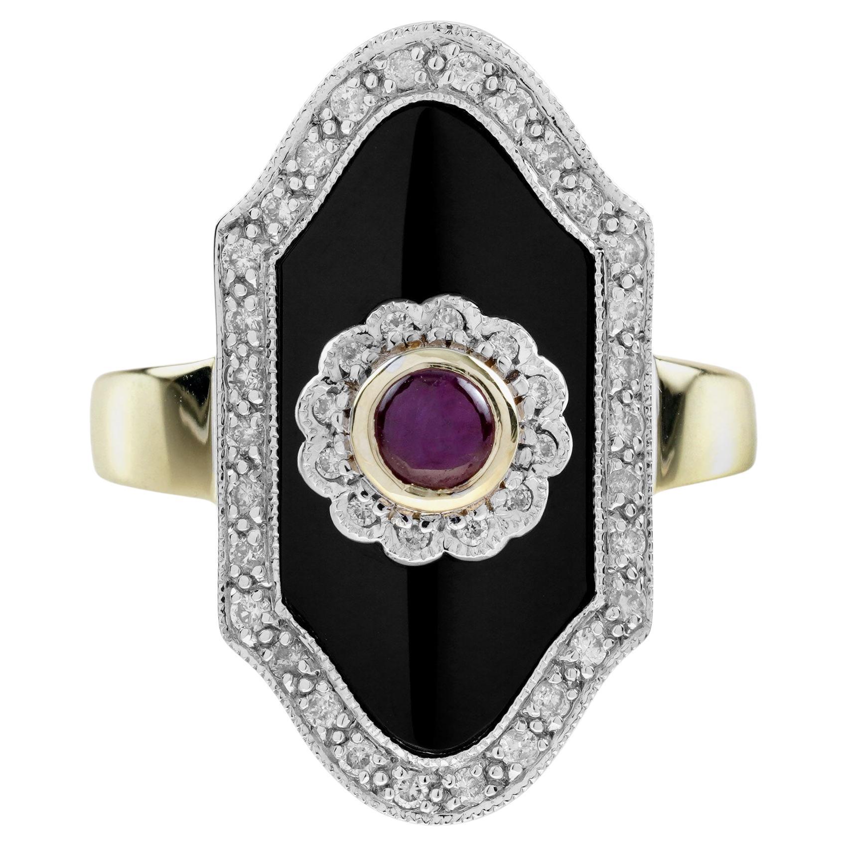 Ruby Onyx and Diamond Art Deco Style Dinner Ring in 14K Yellow Gold For Sale