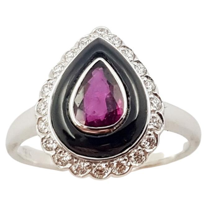 Ruby, Onyx and Diamond Ring Set in 18 Karat White Gold Settings For Sale