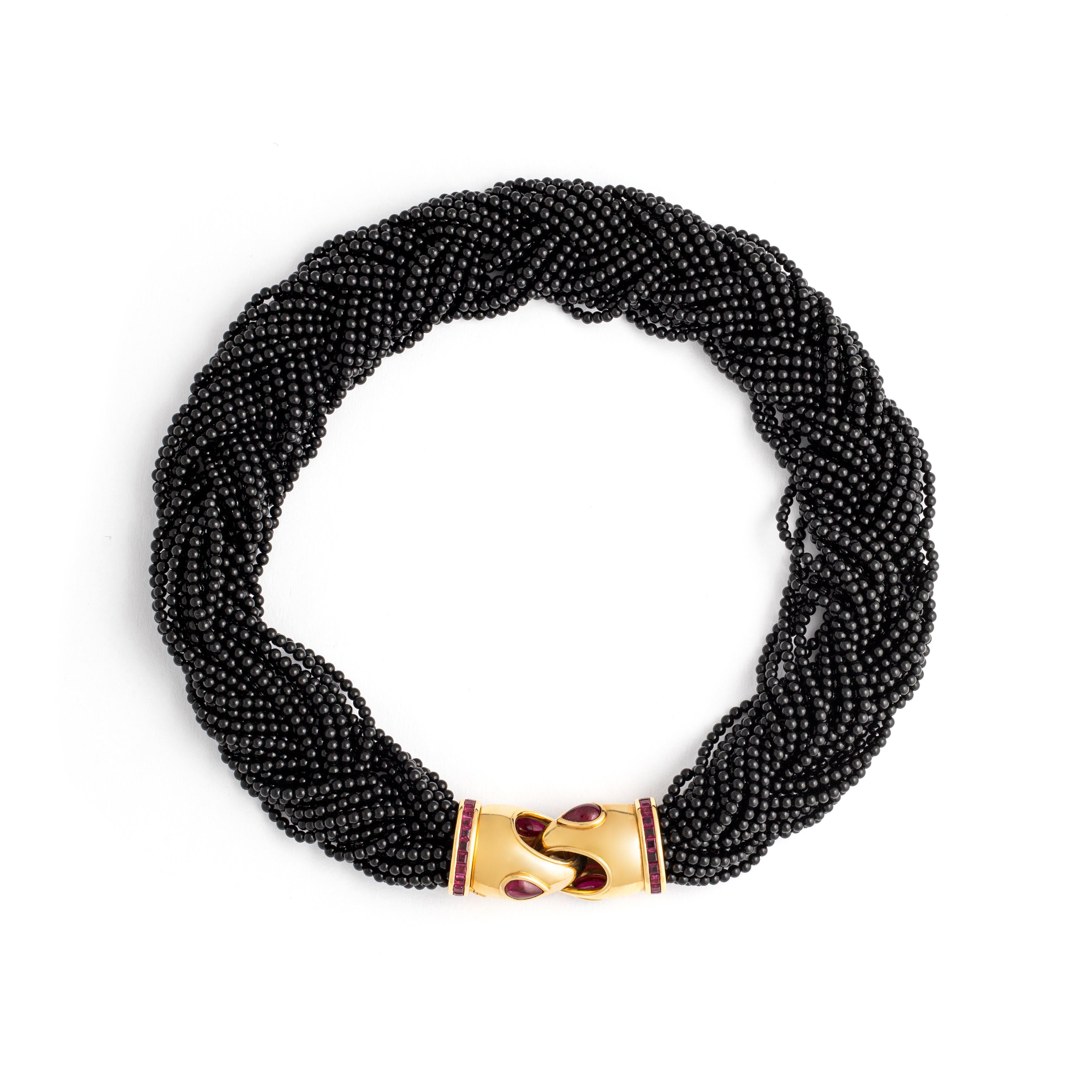 da uomo o donna Collana in oro giallo 18 carati con perle di rubino e onice in vendita