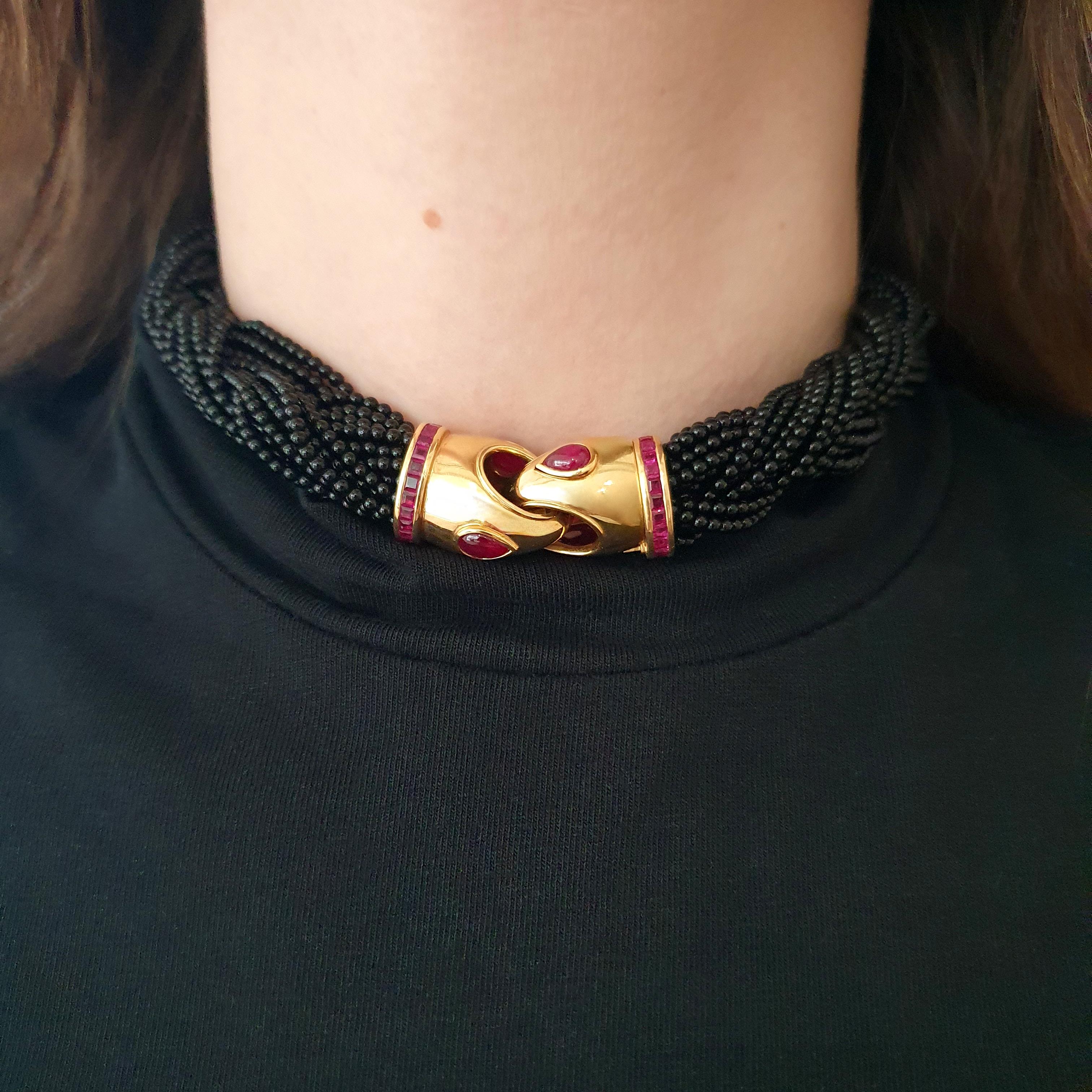 Rubin Onyx Perle Gelbgold 18K Halskette im Angebot 1