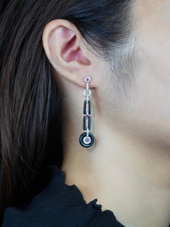 Ruby Onyx Diamond Art Deco Style Dangle Earrings in 14K White Gold